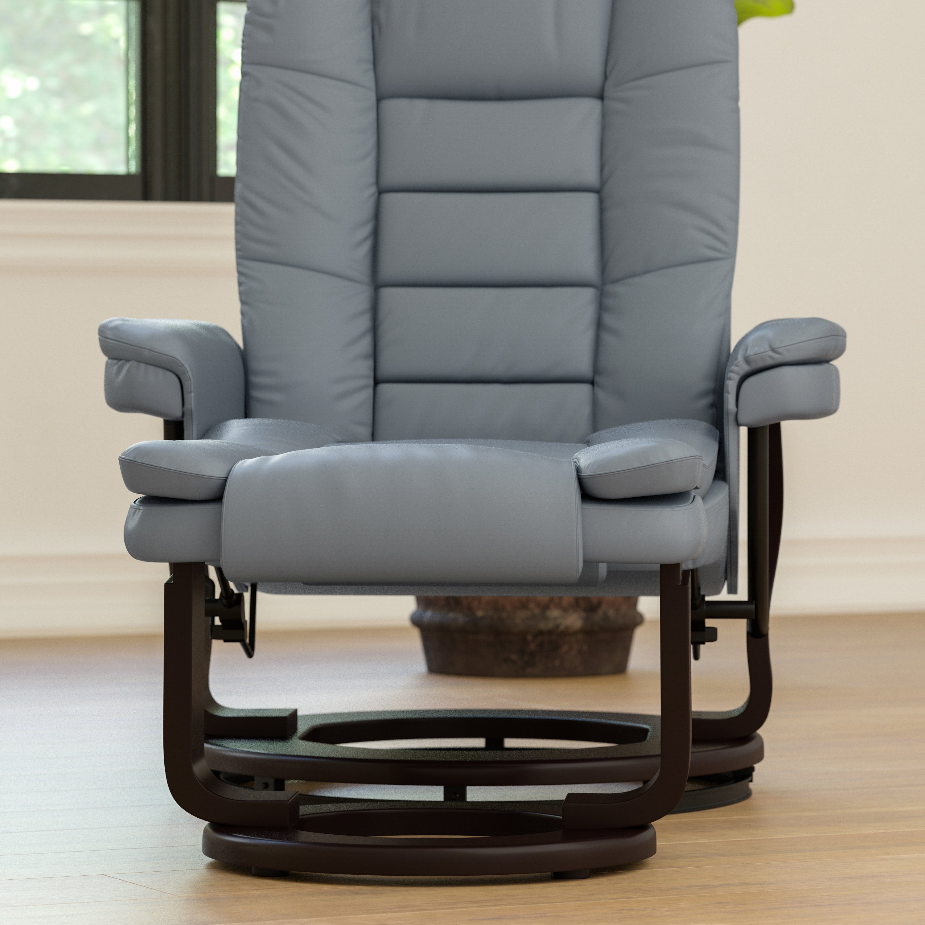Contemporary LeatherSoft Recliner with Horizontal Stitching and Ottoman with Swiveling Mahogany Wood Base