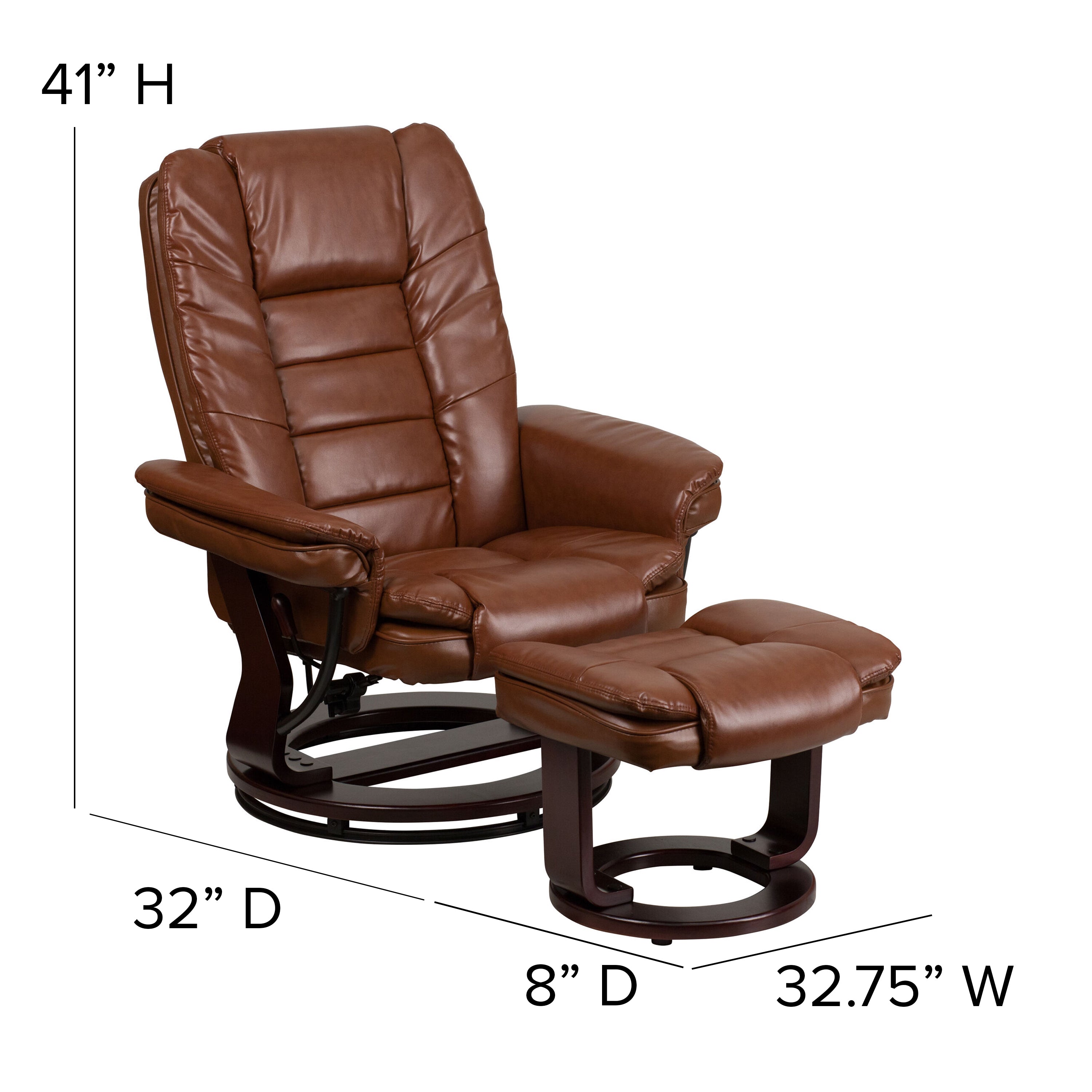 Contemporary LeatherSoft Recliner with Horizontal Stitching and Ottoman with Swiveling Mahogany Wood Base