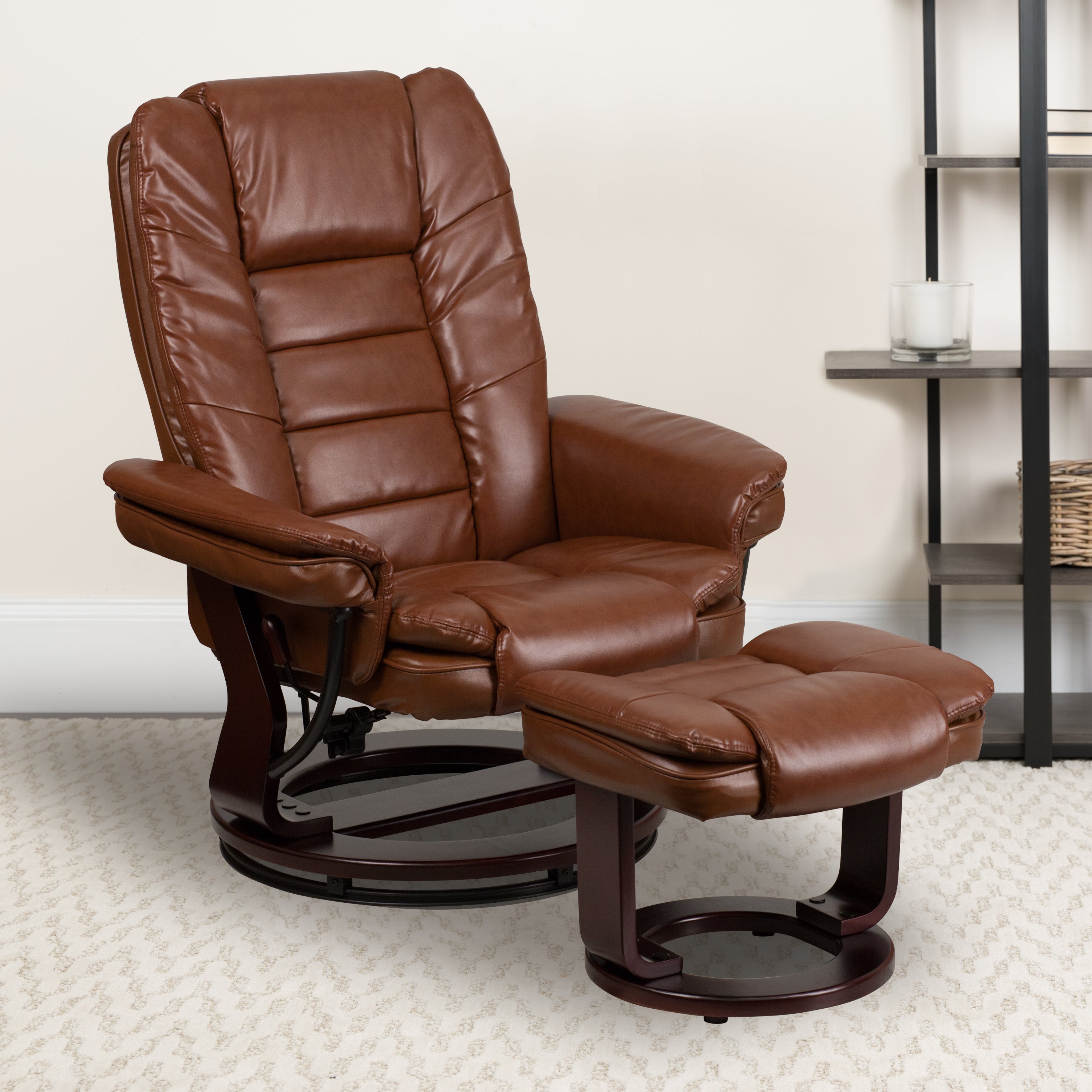 Contemporary LeatherSoft Recliner with Horizontal Stitching and Ottoman with Swiveling Mahogany Wood Base