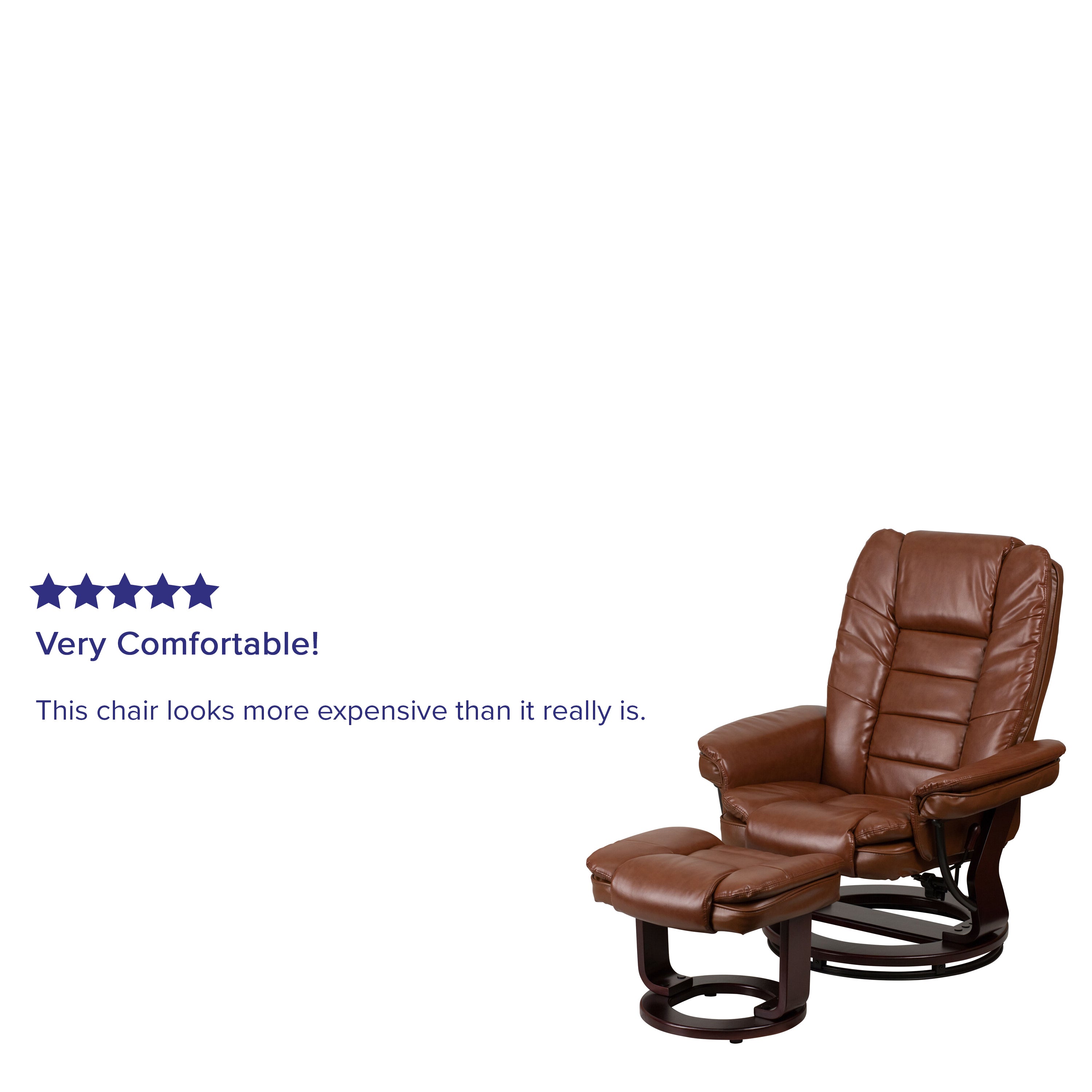 Contemporary LeatherSoft Recliner with Horizontal Stitching and Ottoman with Swiveling Mahogany Wood Base