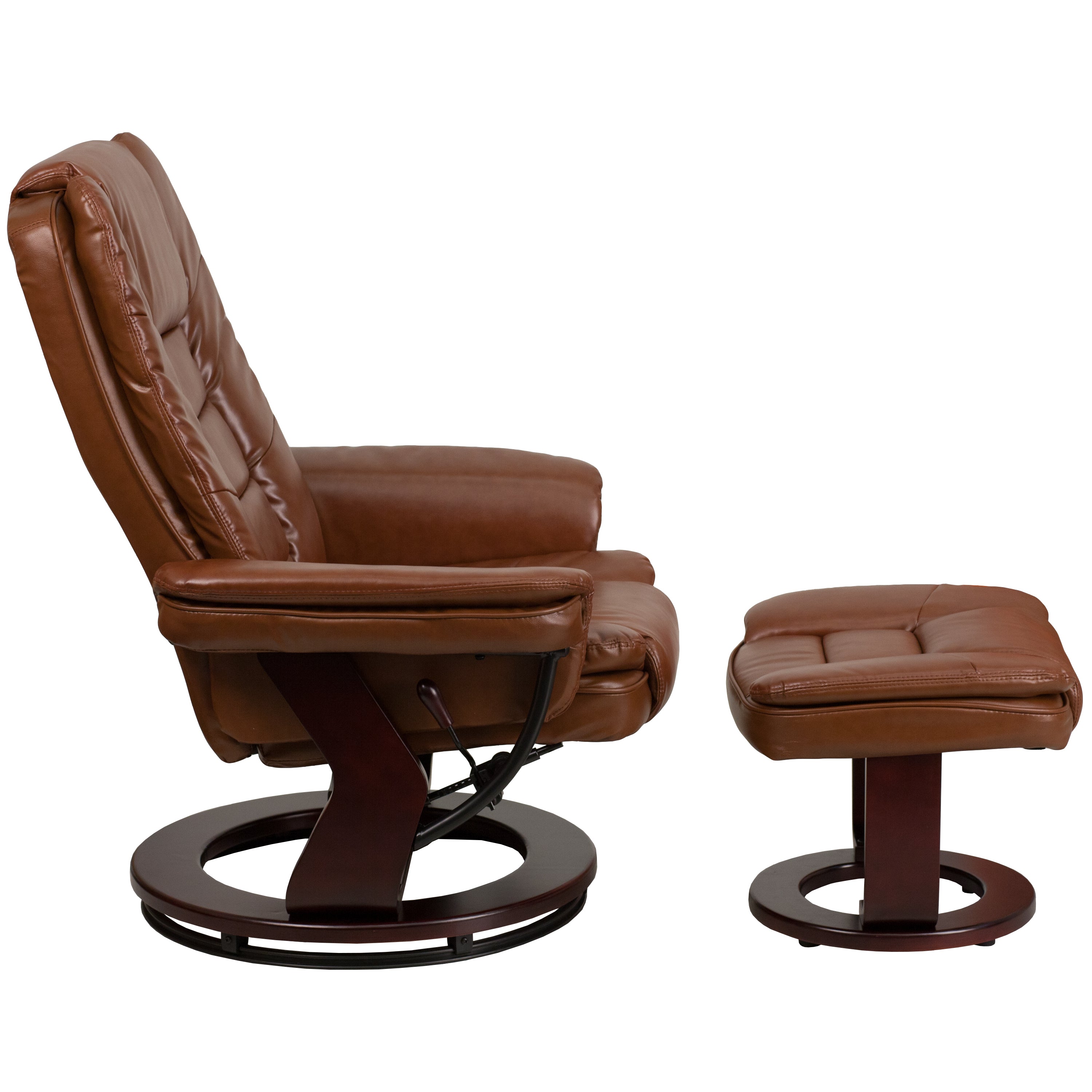 Contemporary LeatherSoft Recliner with Horizontal Stitching and Ottoman with Swiveling Mahogany Wood Base