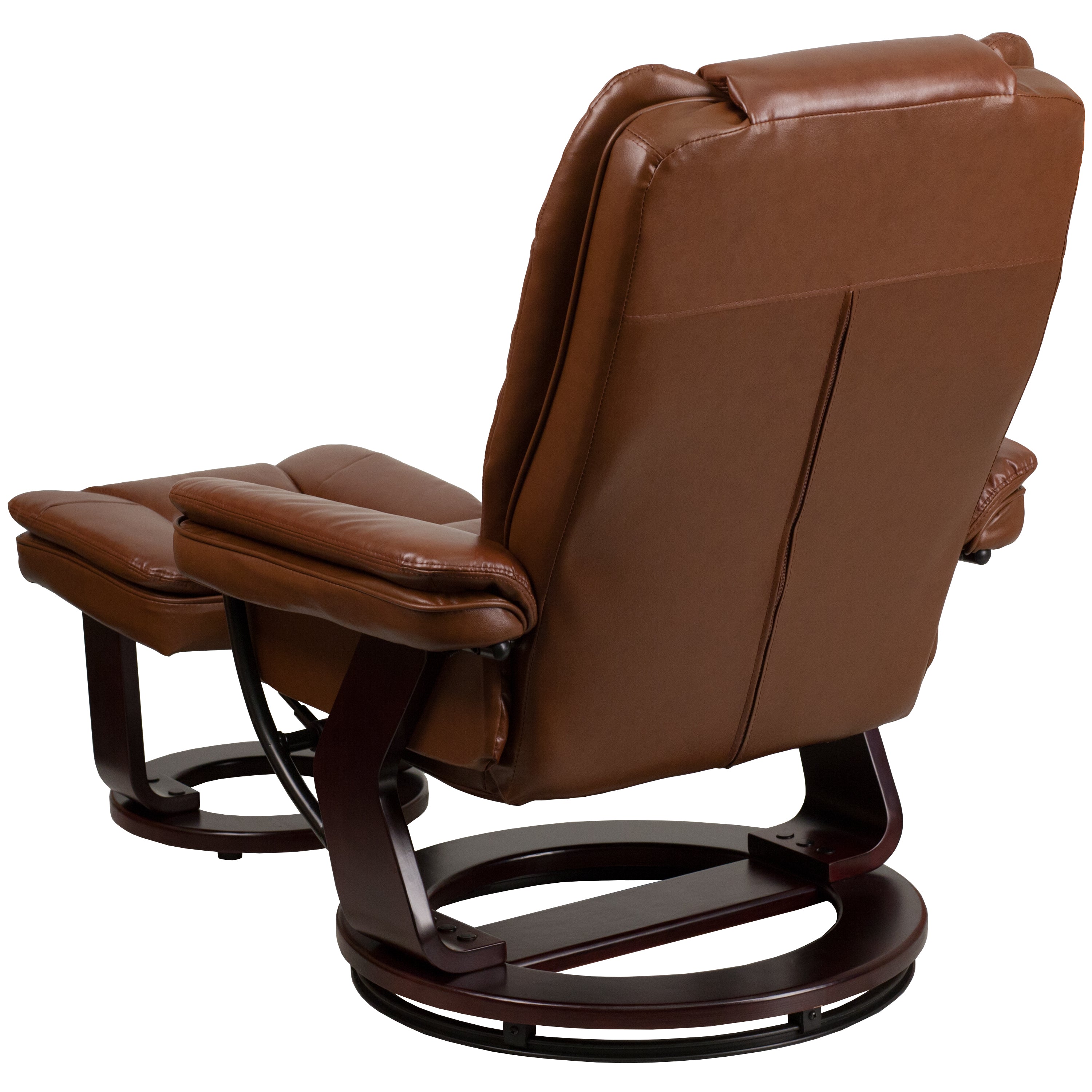Contemporary LeatherSoft Recliner with Horizontal Stitching and Ottoman with Swiveling Mahogany Wood Base