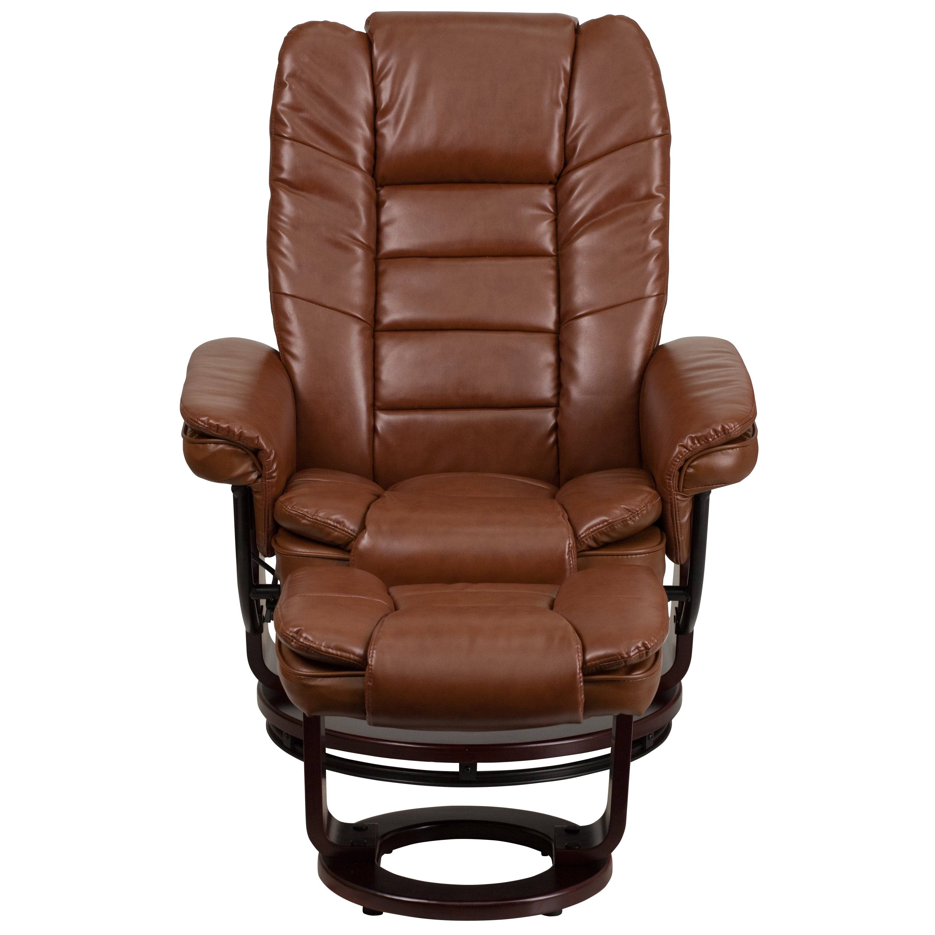 Contemporary LeatherSoft Recliner with Horizontal Stitching and Ottoman with Swiveling Mahogany Wood Base