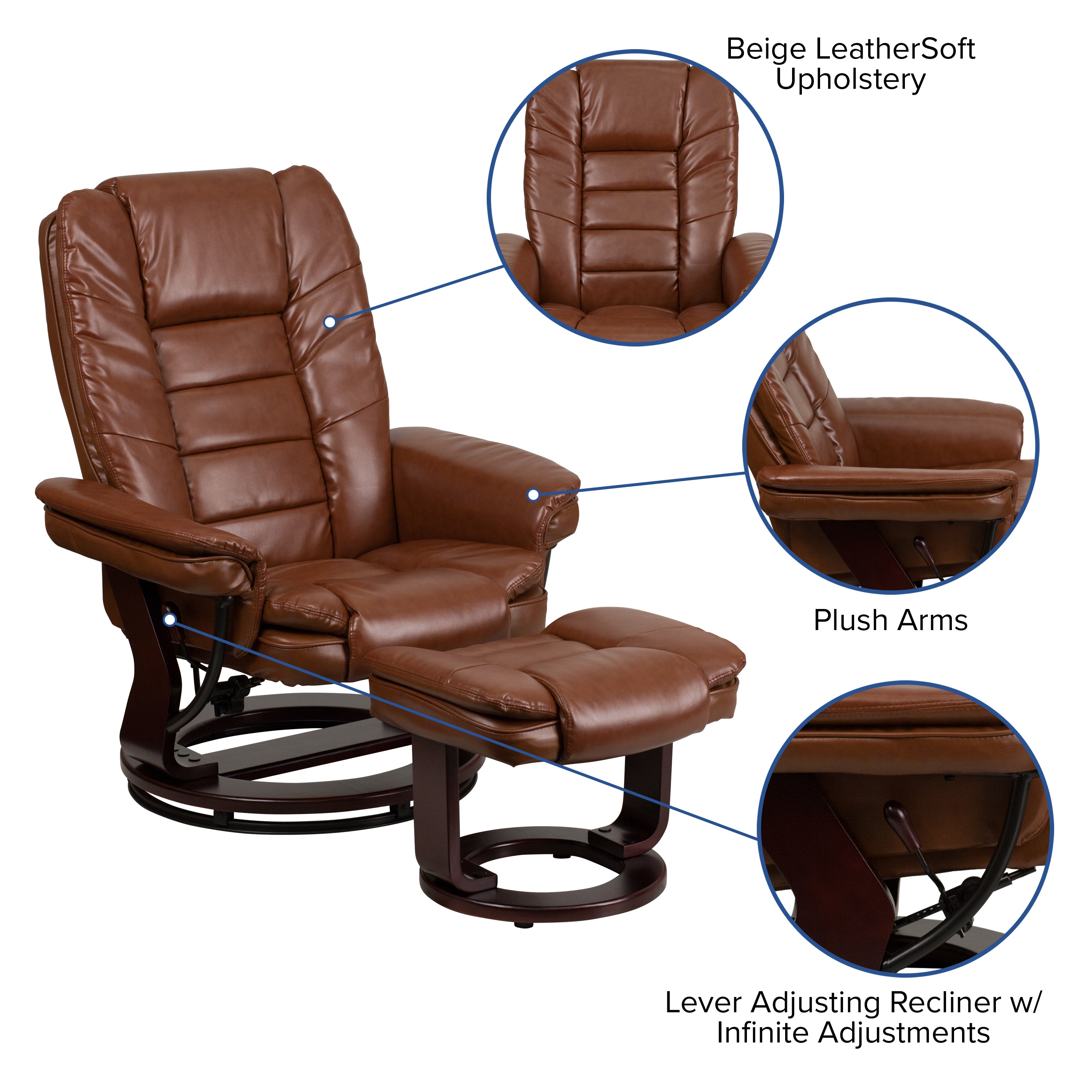 Contemporary LeatherSoft Recliner with Horizontal Stitching and Ottoman with Swiveling Mahogany Wood Base
