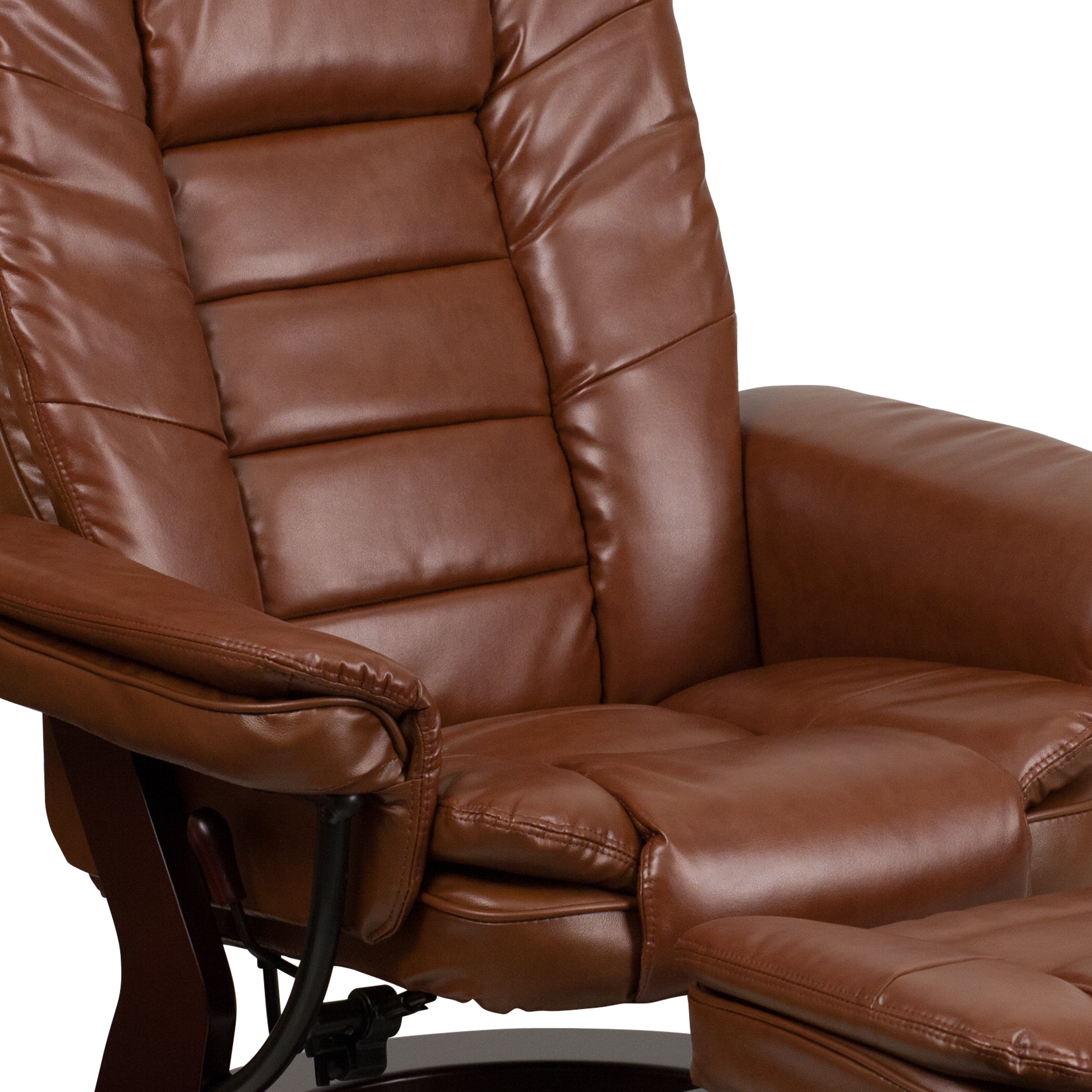 Contemporary LeatherSoft Recliner with Horizontal Stitching and Ottoman with Swiveling Mahogany Wood Base