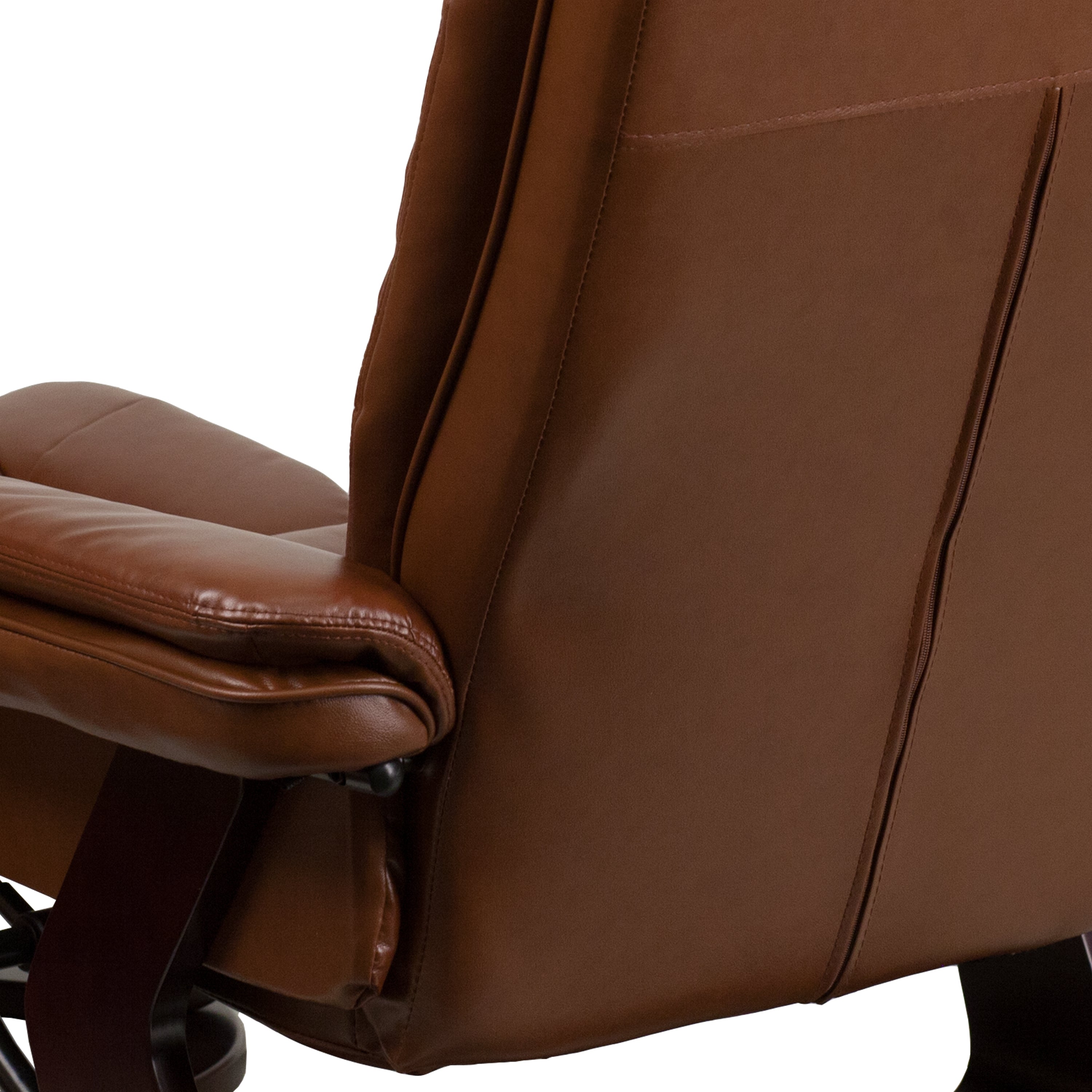 Contemporary LeatherSoft Recliner with Horizontal Stitching and Ottoman with Swiveling Mahogany Wood Base