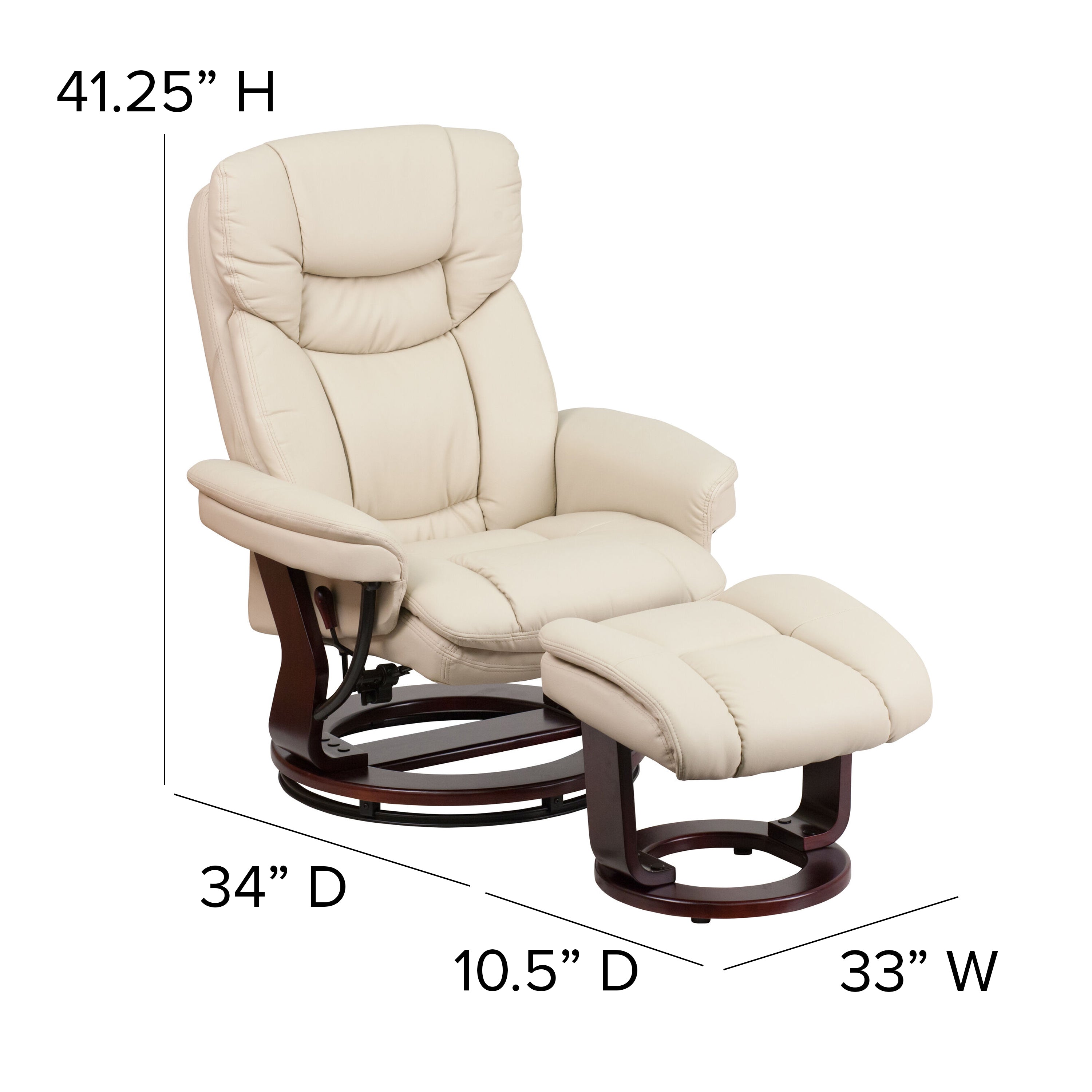 Contemporary Multi-Position Recliner and Curved Ottoman with Swivel Mahogany Wood Base