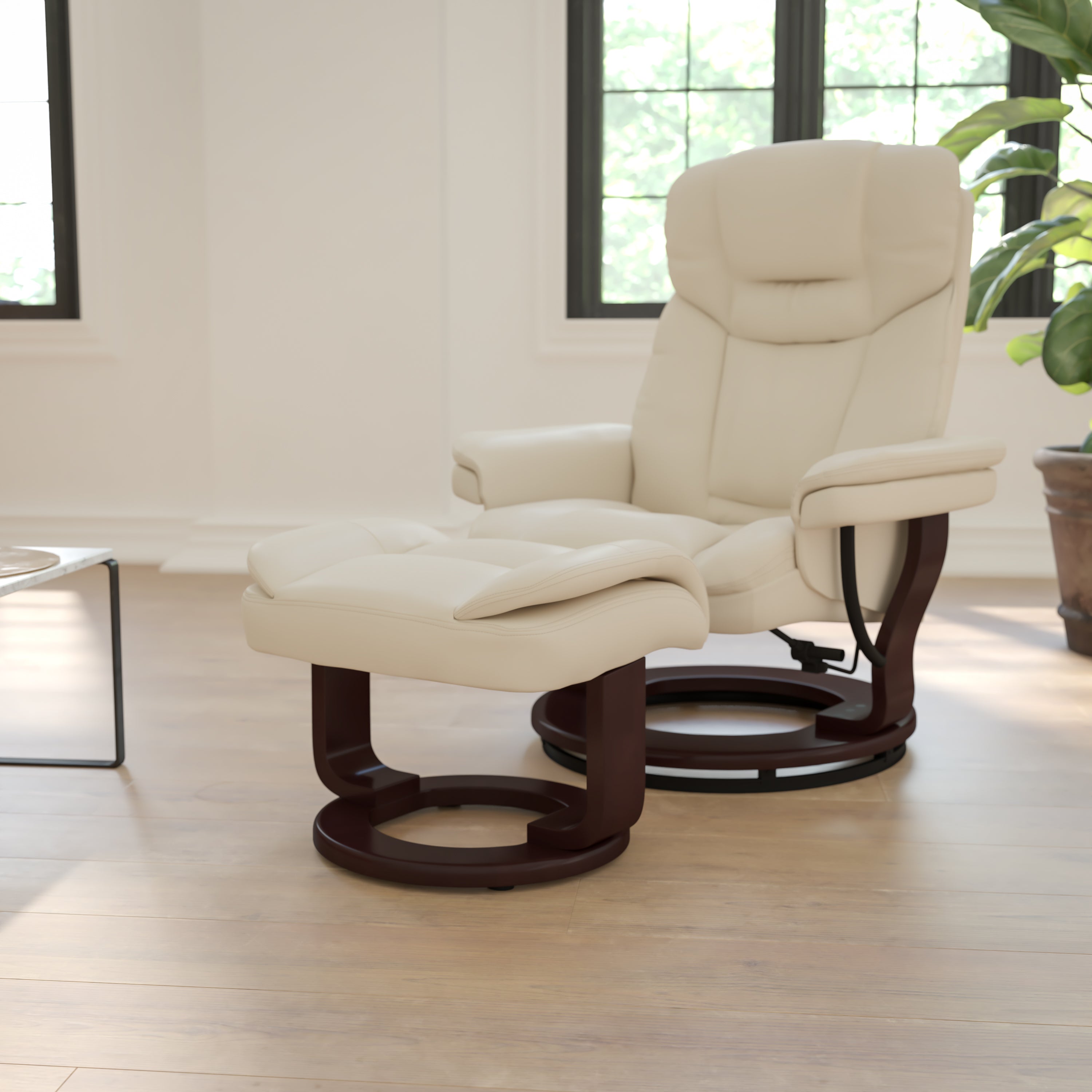 Contemporary Multi-Position Recliner and Curved Ottoman with Swivel Mahogany Wood Base