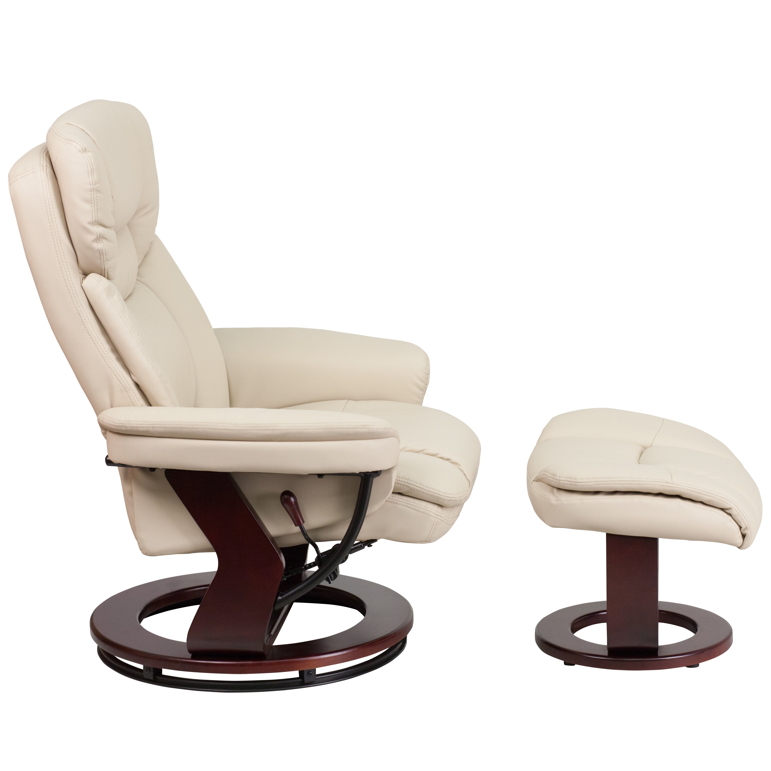 Contemporary Multi-Position Recliner and Curved Ottoman with Swivel Mahogany Wood Base