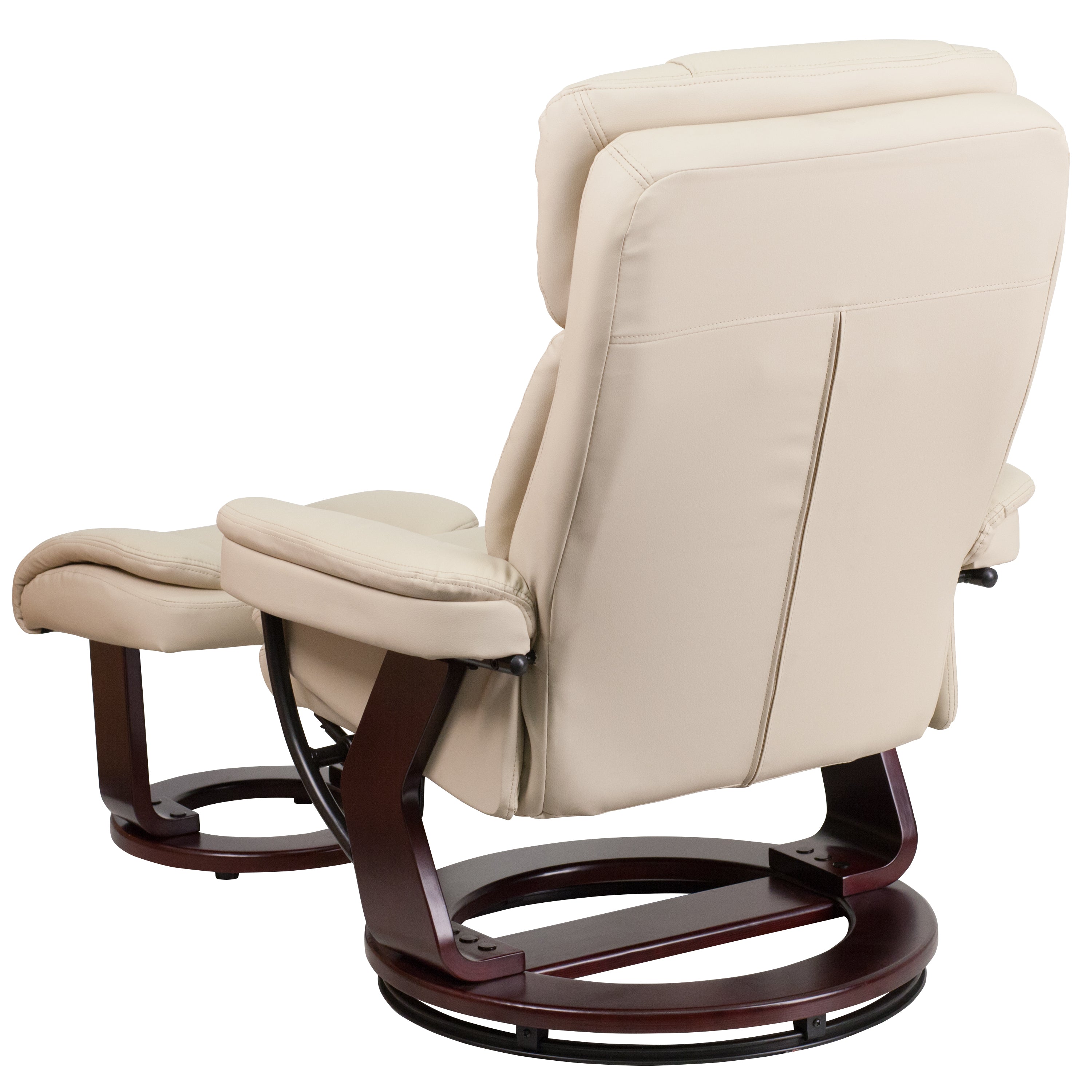 Contemporary Multi-Position Recliner and Curved Ottoman with Swivel Mahogany Wood Base
