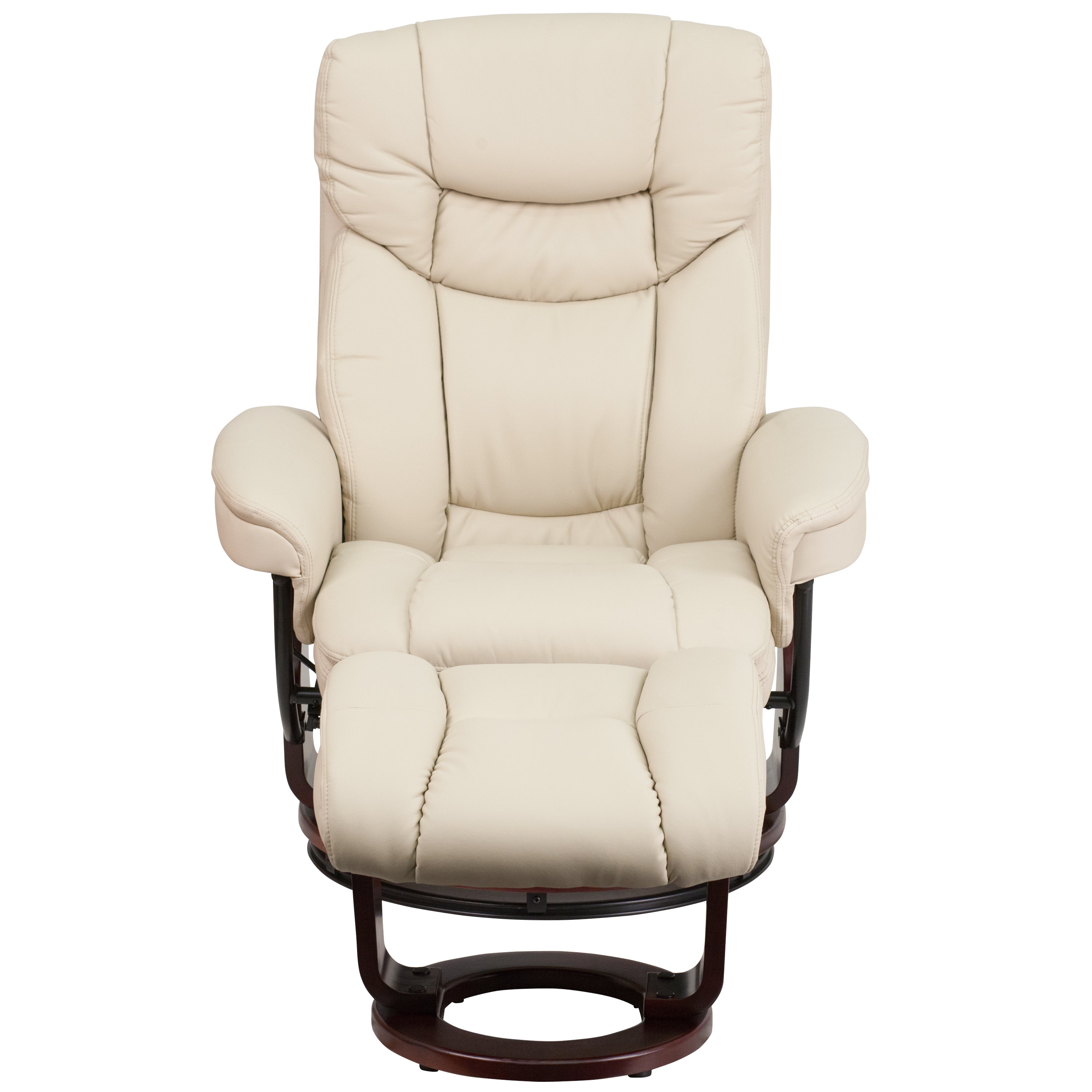 Contemporary Multi-Position Recliner and Curved Ottoman with Swivel Mahogany Wood Base