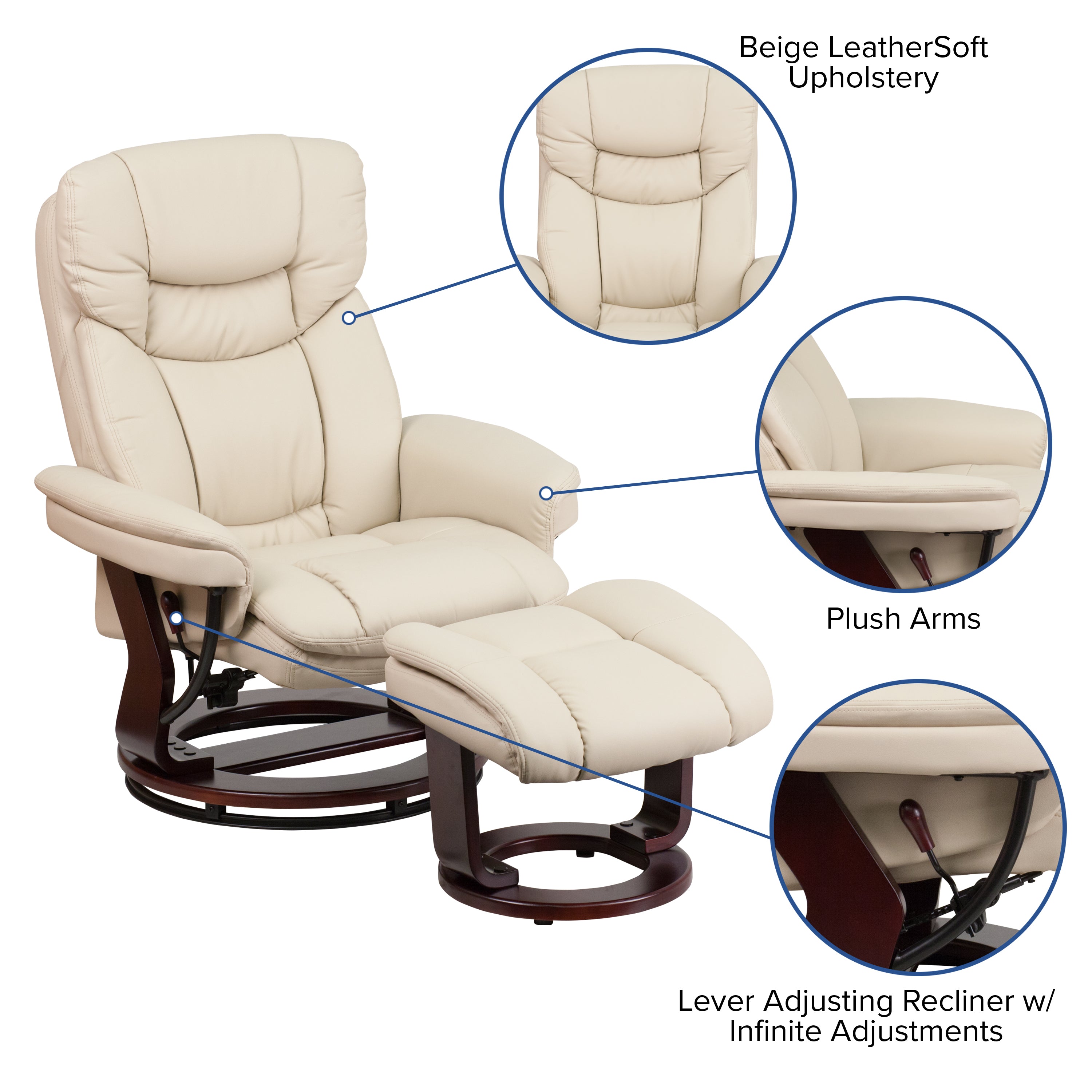Contemporary Multi-Position Recliner and Curved Ottoman with Swivel Mahogany Wood Base