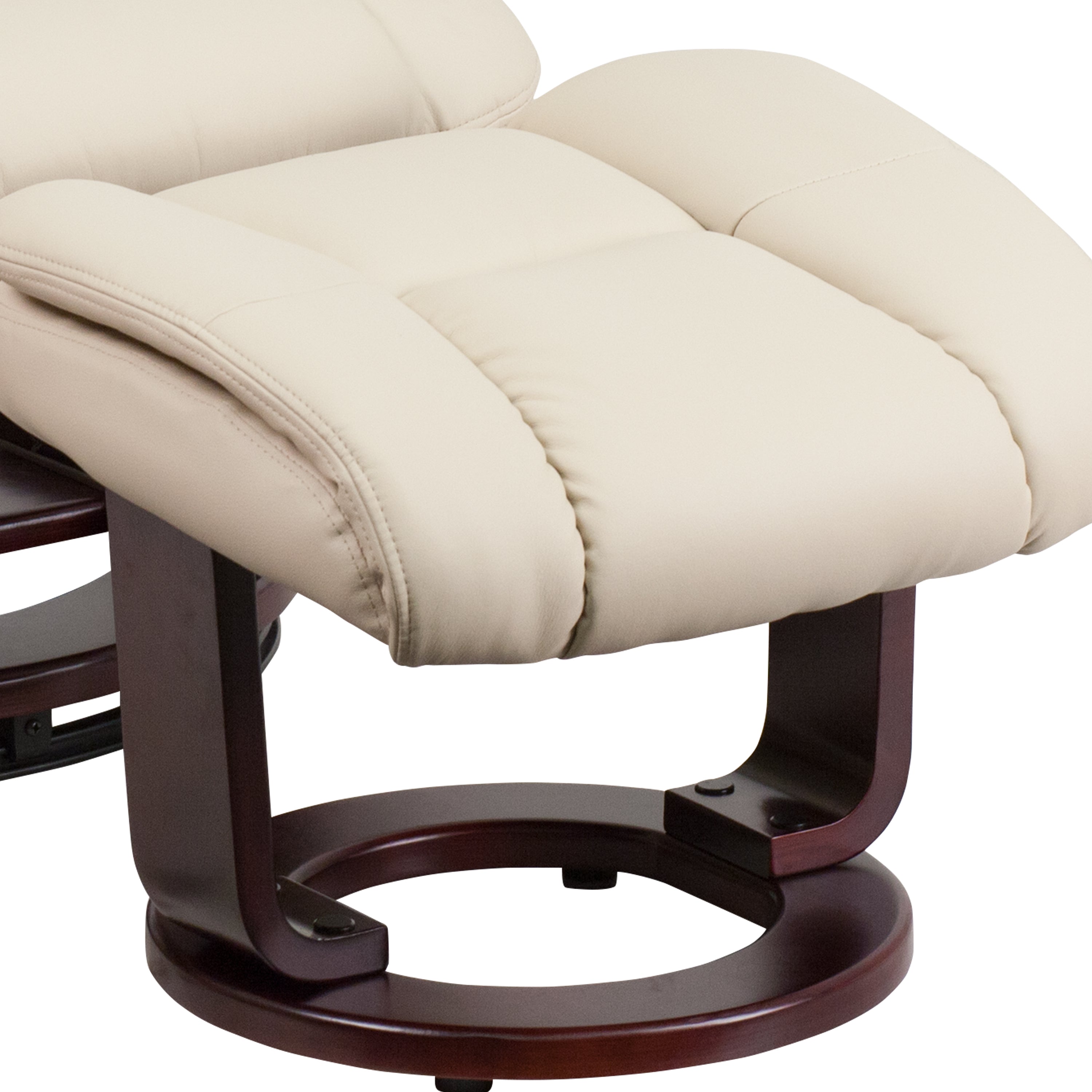 Contemporary Multi-Position Recliner and Curved Ottoman with Swivel Mahogany Wood Base