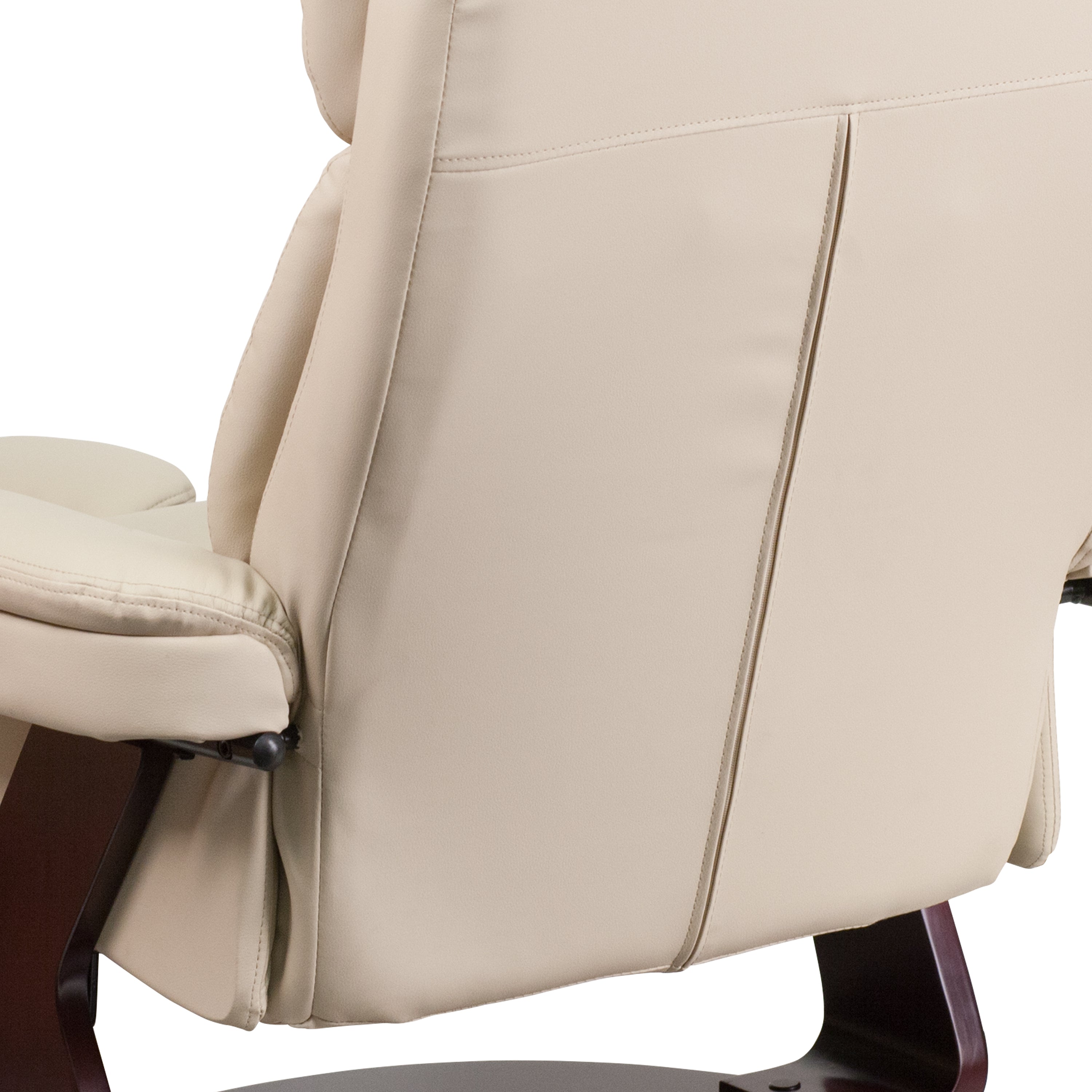 Contemporary Multi-Position Recliner and Curved Ottoman with Swivel Mahogany Wood Base