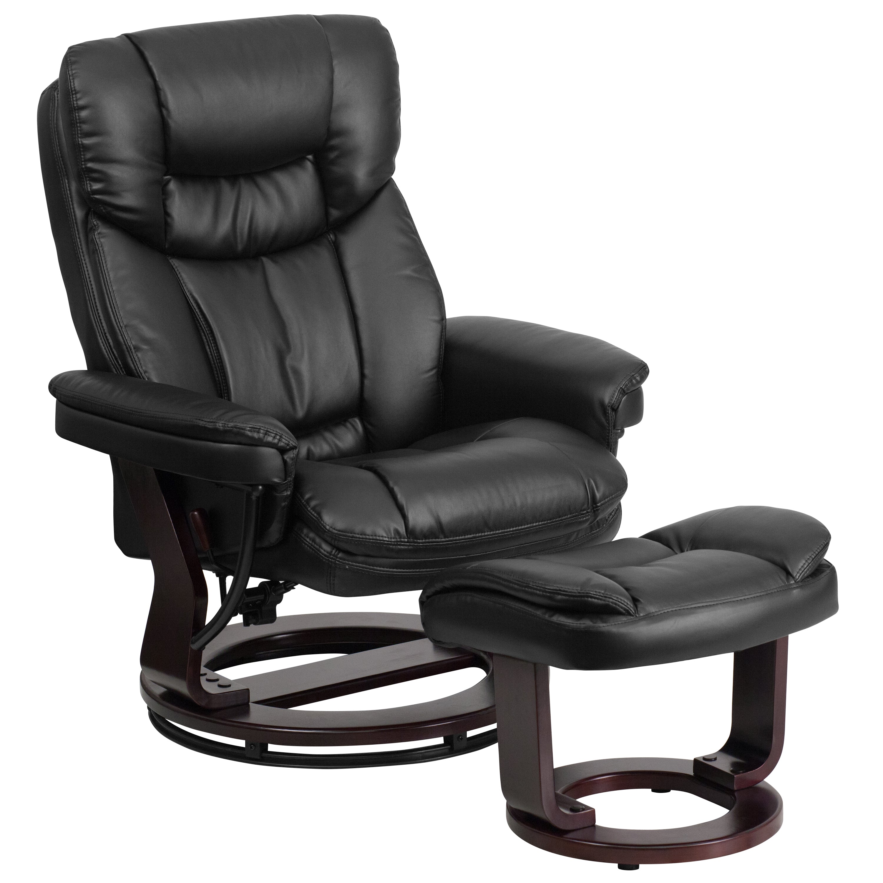 Contemporary Multi-Position Recliner and Curved Ottoman with Swivel Mahogany Wood Base