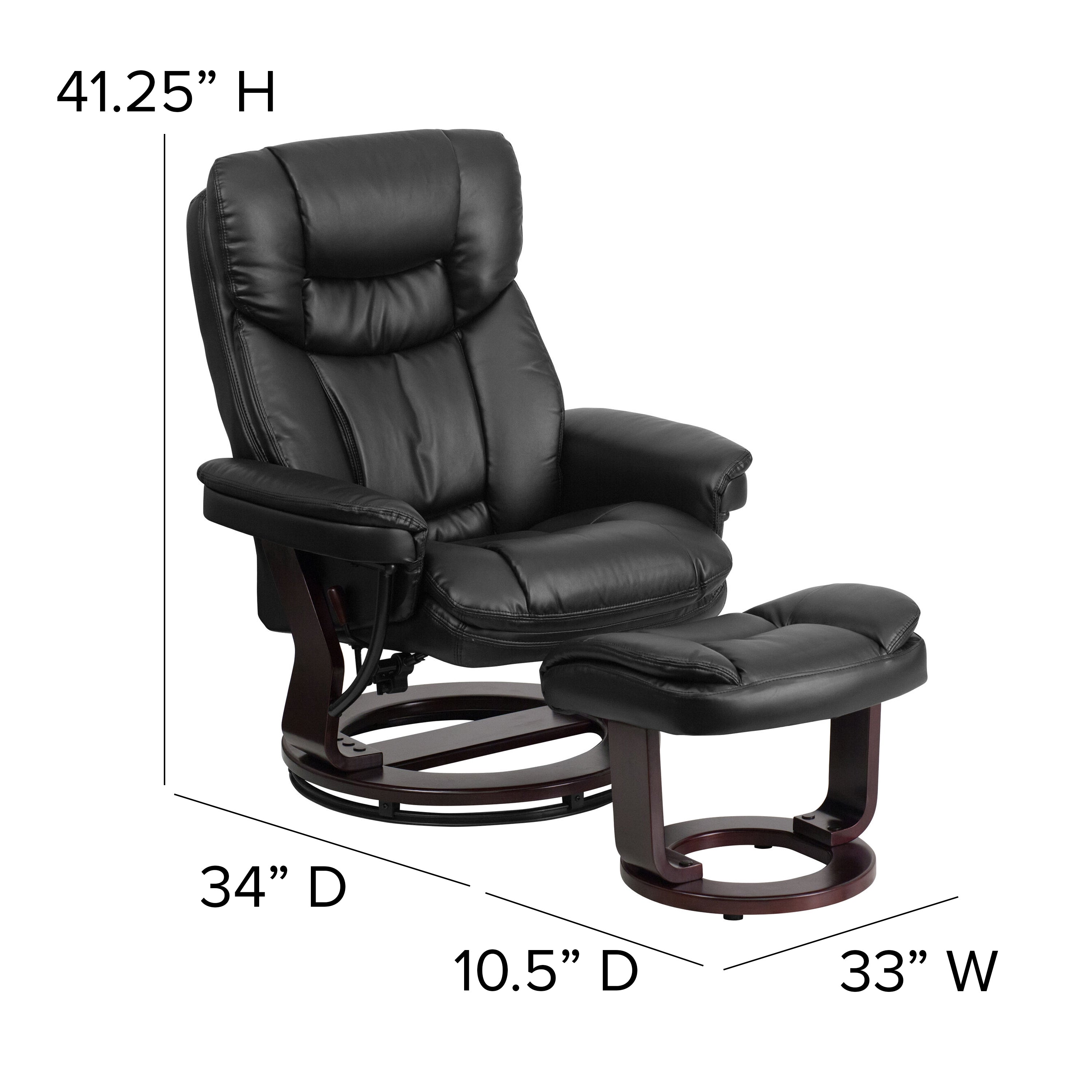 Contemporary Multi-Position Recliner and Curved Ottoman with Swivel Mahogany Wood Base