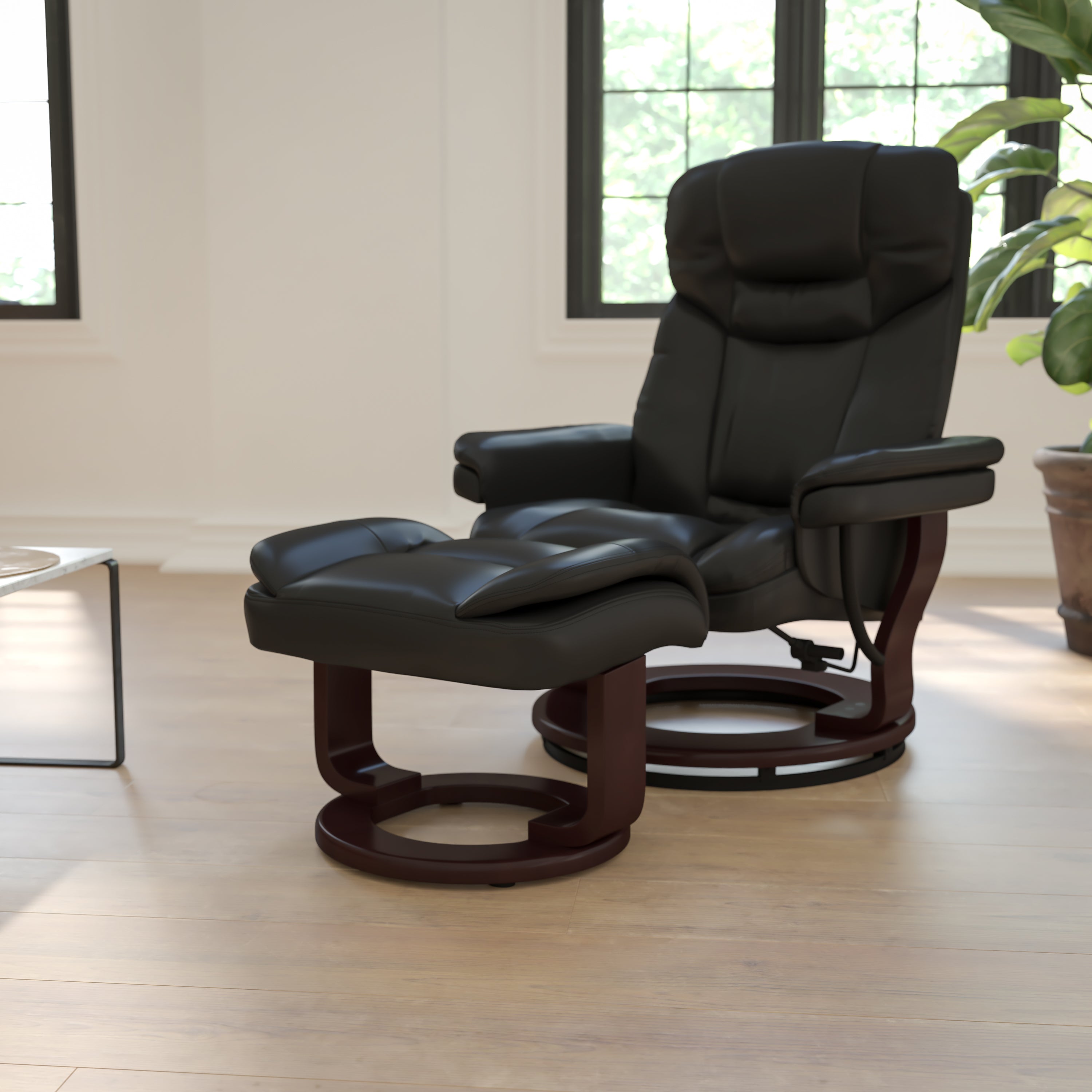 Contemporary Multi-Position Recliner and Curved Ottoman with Swivel Mahogany Wood Base