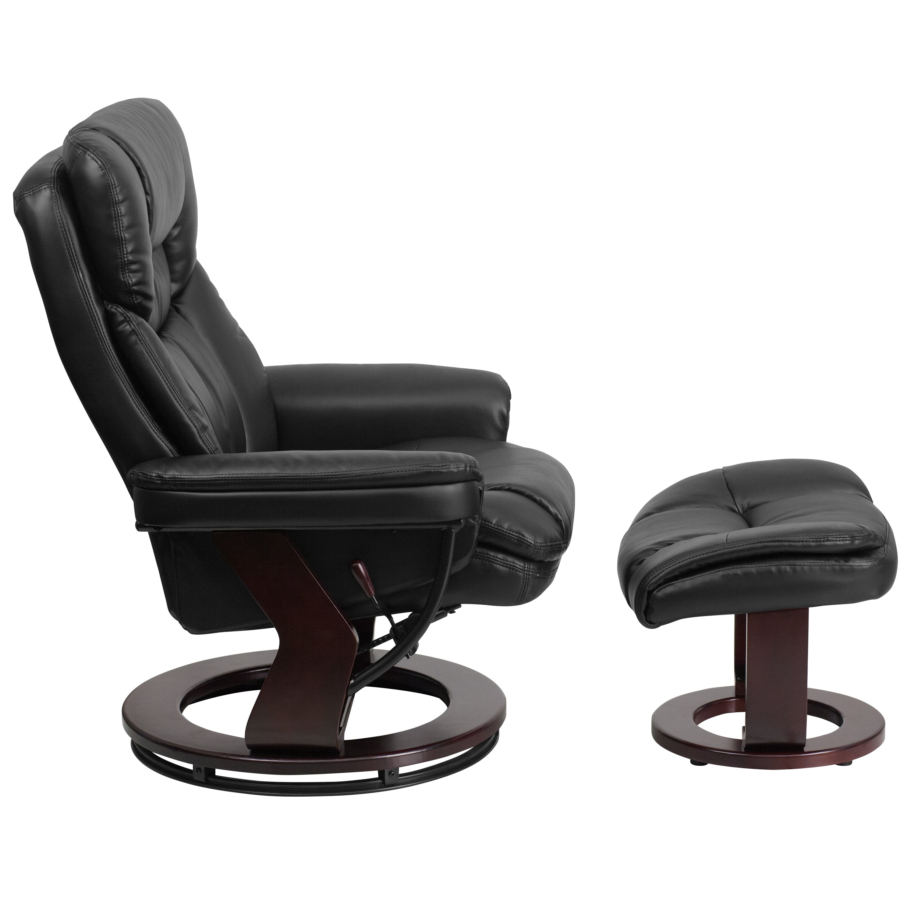 Contemporary Multi-Position Recliner and Curved Ottoman with Swivel Mahogany Wood Base
