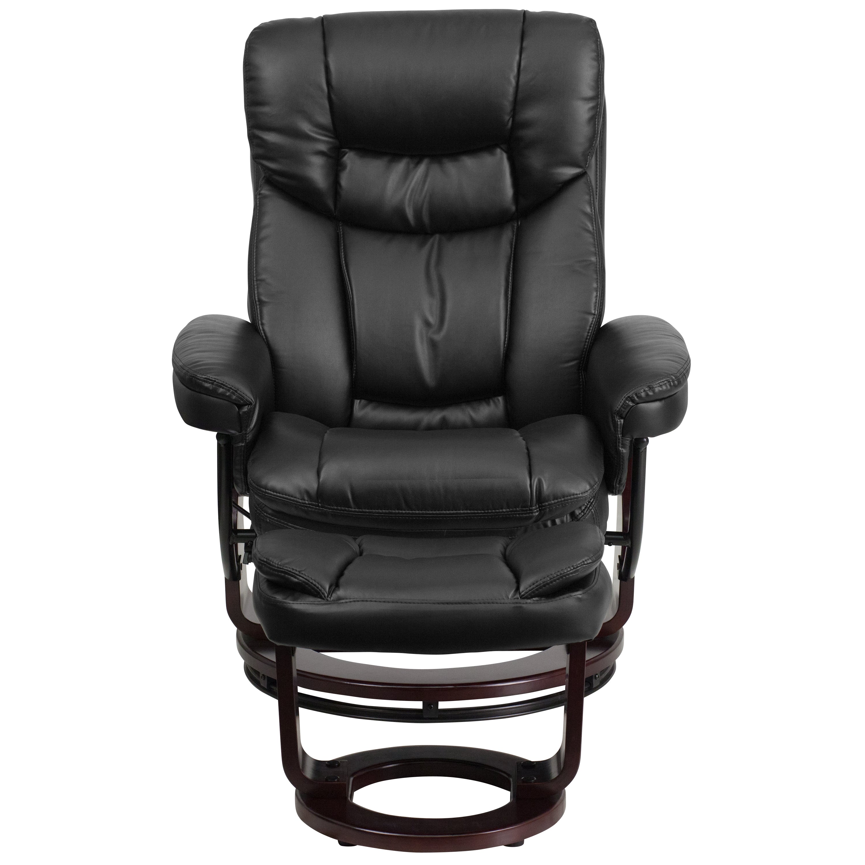 Contemporary Multi-Position Recliner and Curved Ottoman with Swivel Mahogany Wood Base