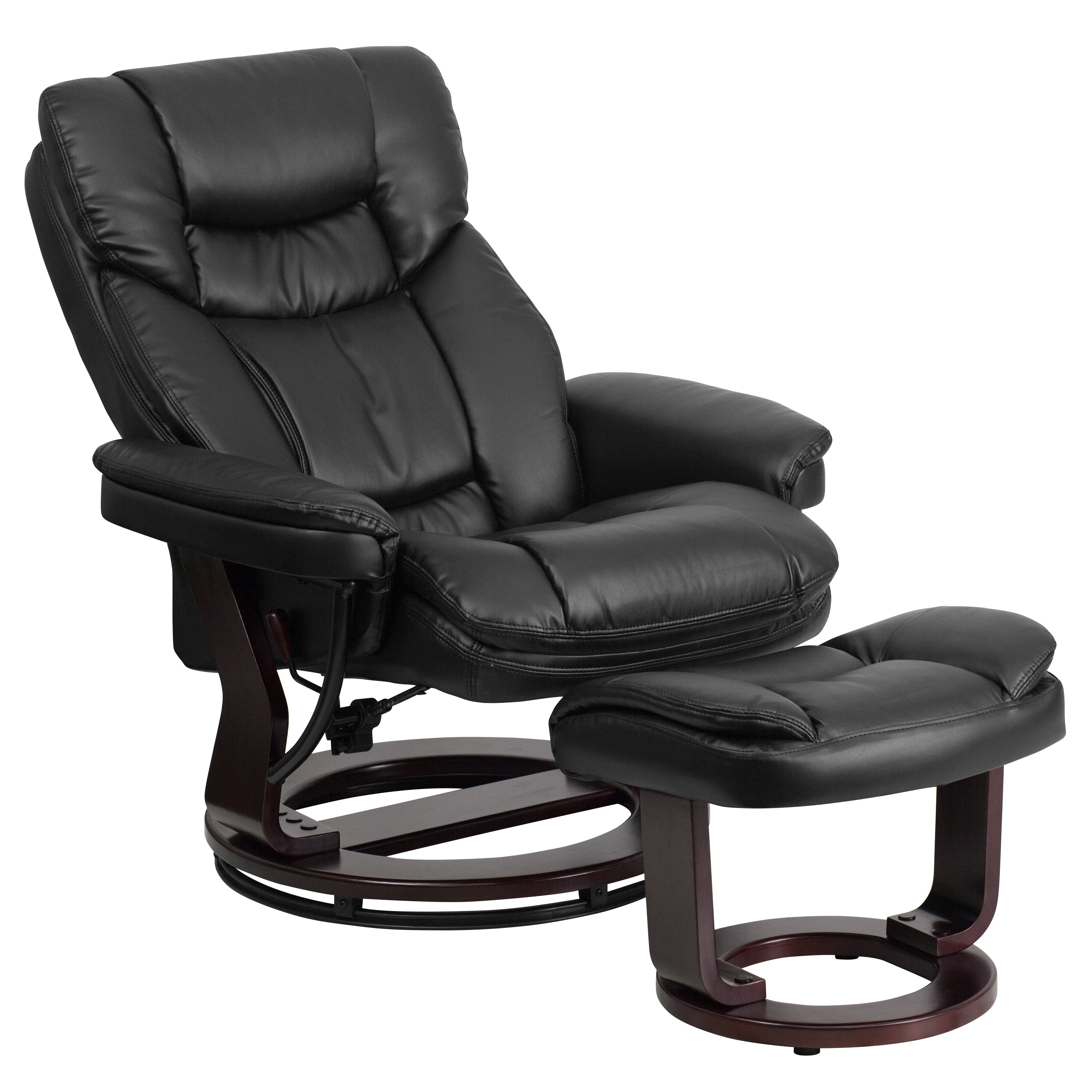 Contemporary Multi-Position Recliner and Curved Ottoman with Swivel Mahogany Wood Base
