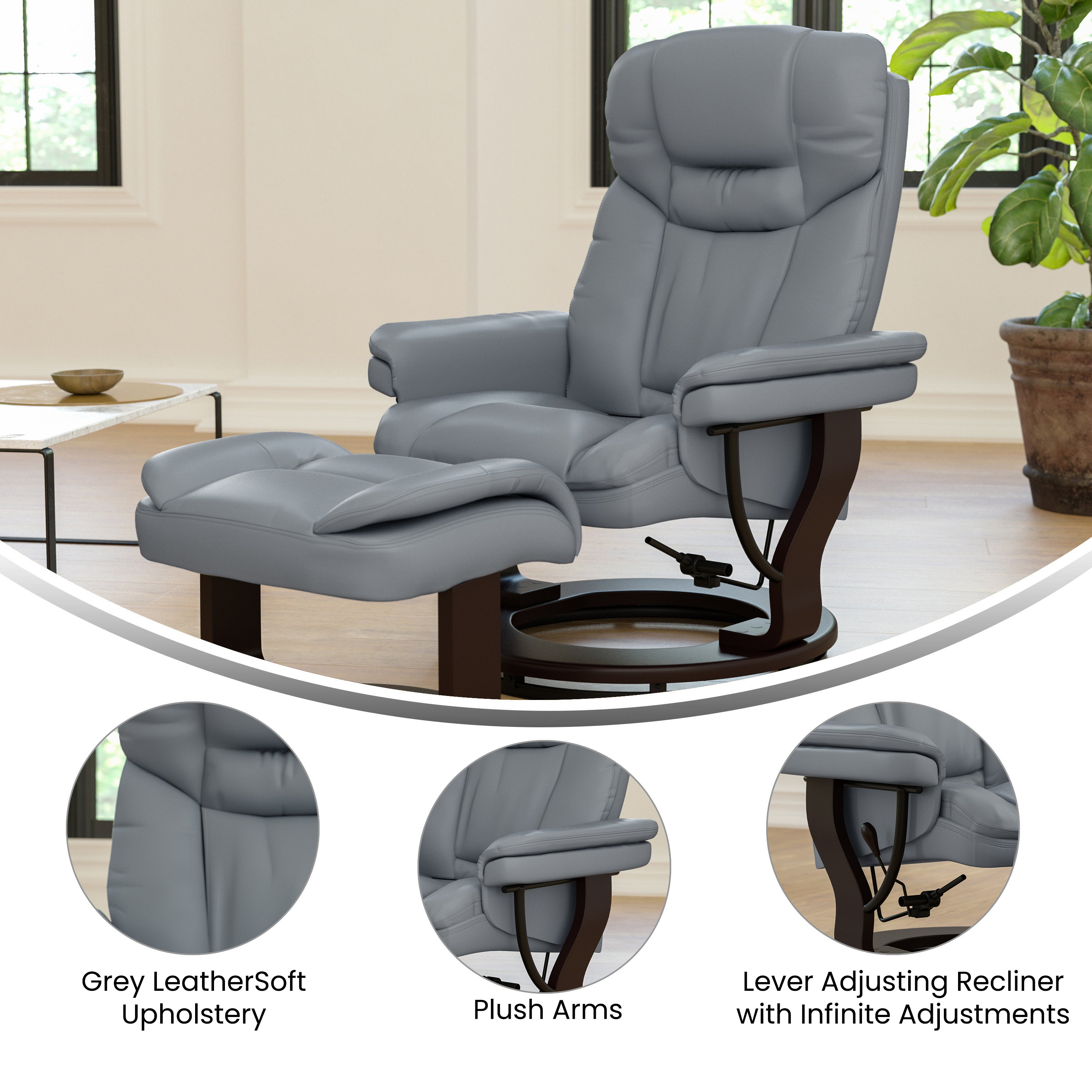 Contemporary Multi-Position Recliner and Curved Ottoman with Swivel Mahogany Wood Base