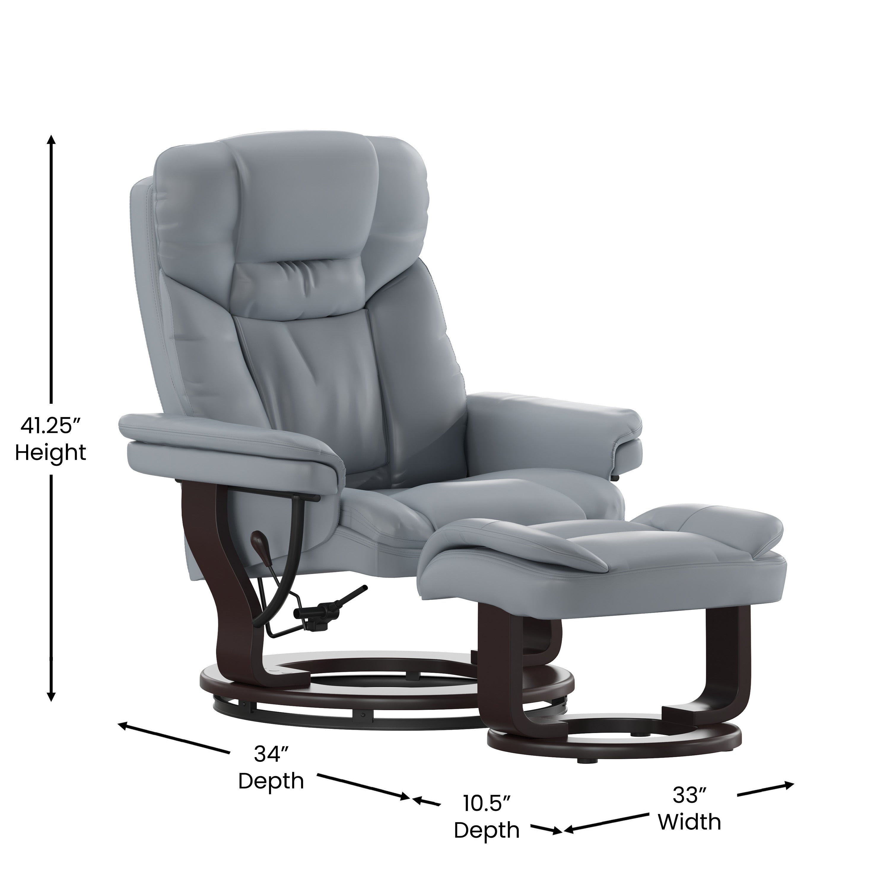 Contemporary Multi-Position Recliner and Curved Ottoman with Swivel Mahogany Wood Base