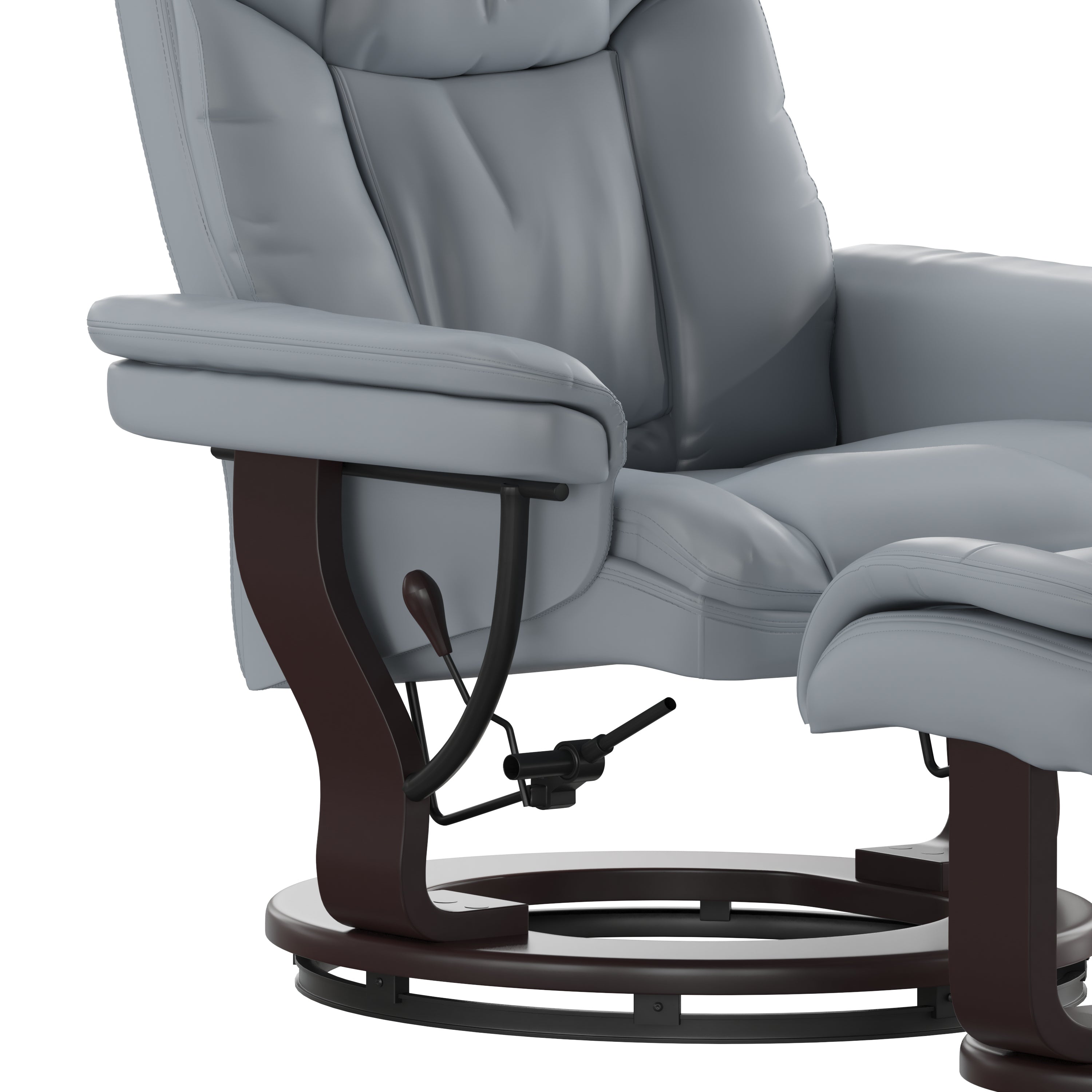 Contemporary Multi-Position Recliner and Curved Ottoman with Swivel Mahogany Wood Base