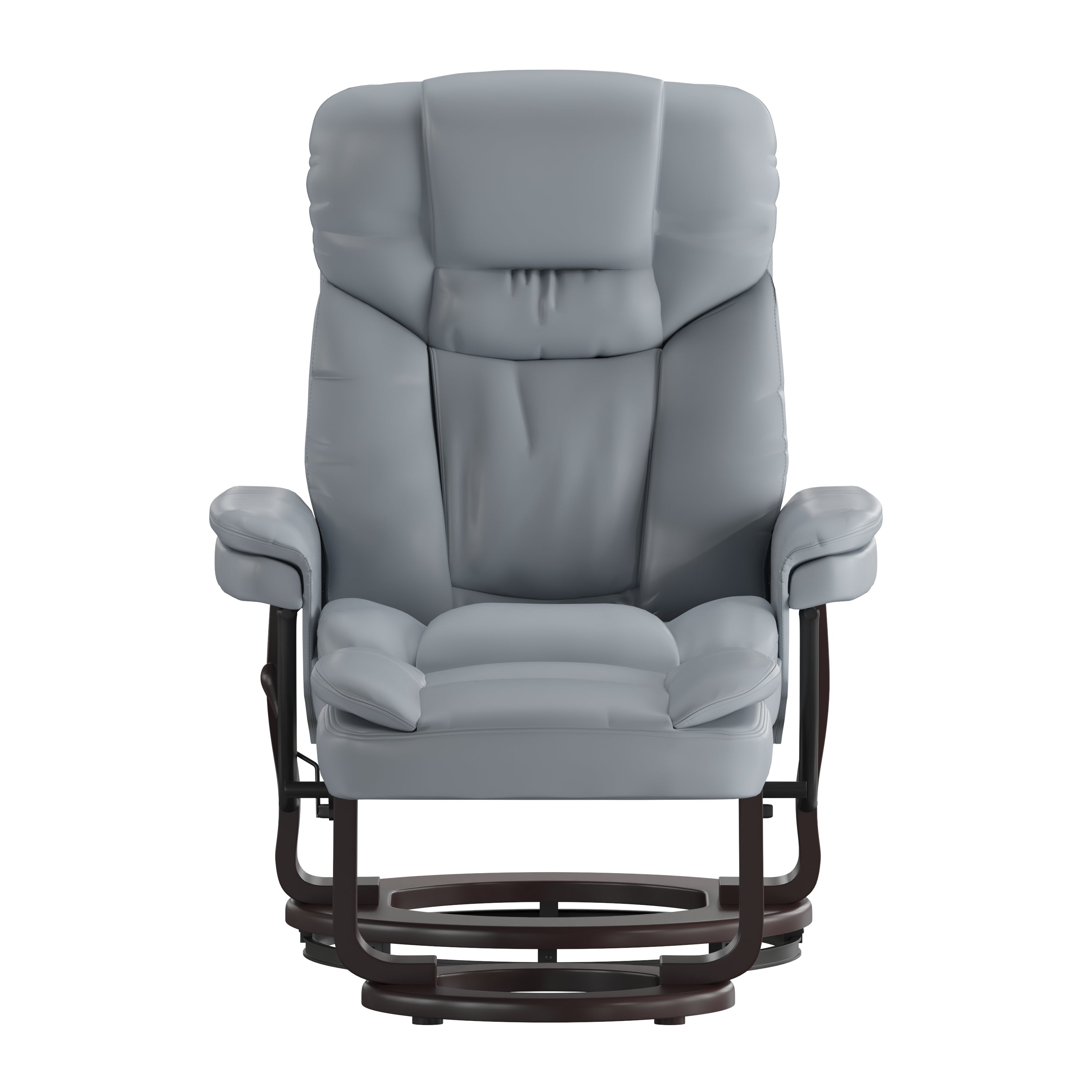 Contemporary Multi-Position Recliner and Curved Ottoman with Swivel Mahogany Wood Base