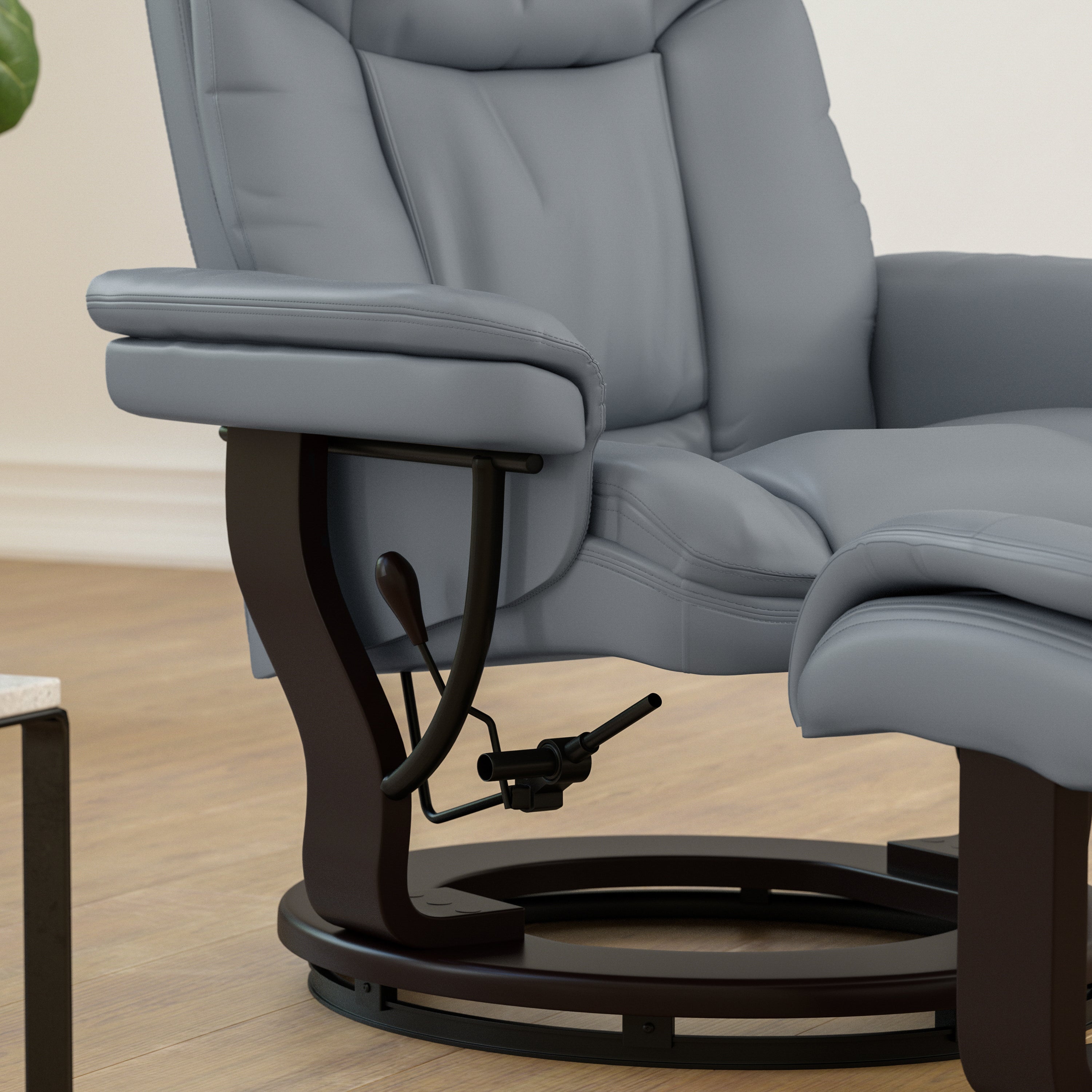 Contemporary Multi-Position Recliner and Curved Ottoman with Swivel Mahogany Wood Base