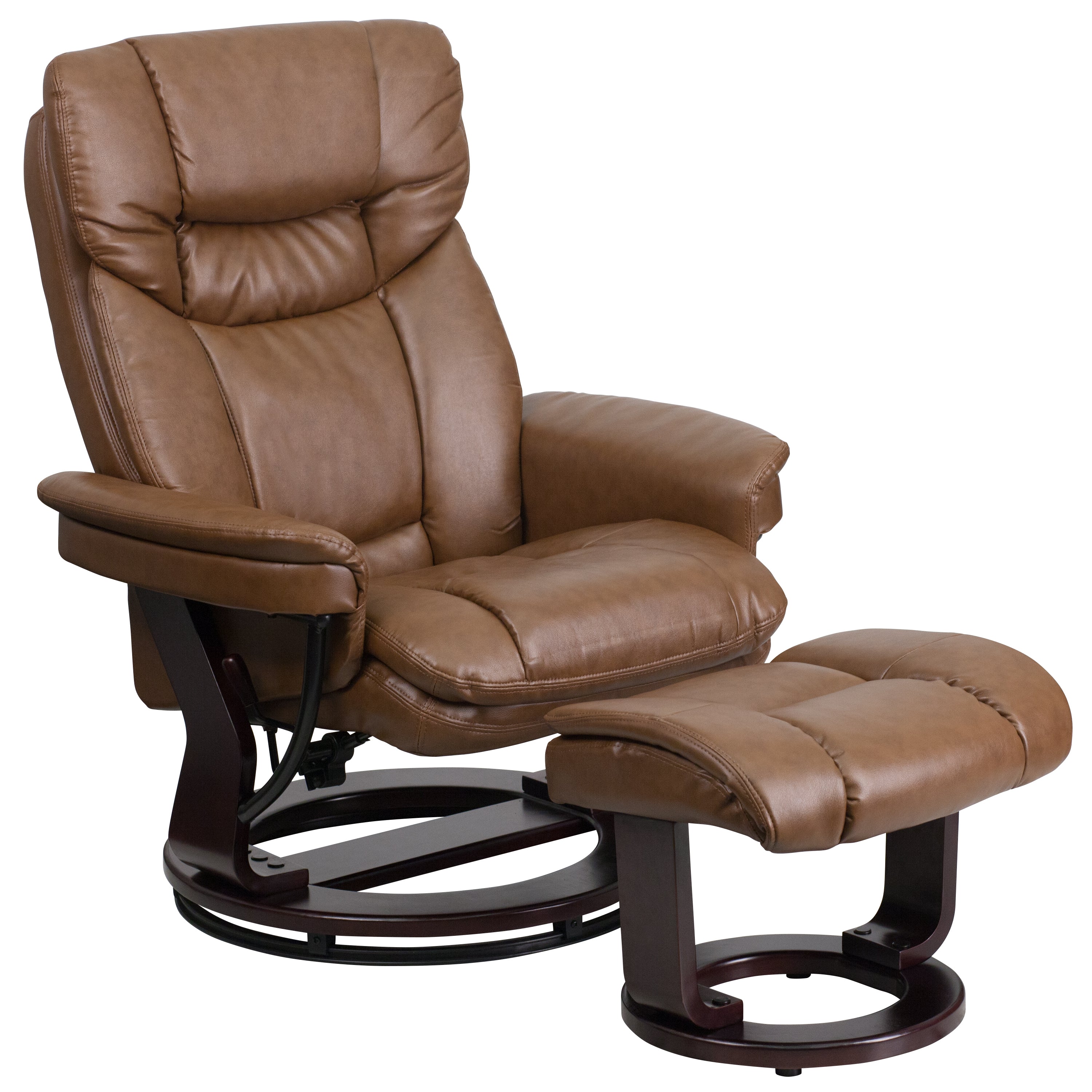 Contemporary Multi-Position Recliner and Curved Ottoman with Swivel Mahogany Wood Base-Office Recliner-Flash Furniture-Wall2Wall Furnishings