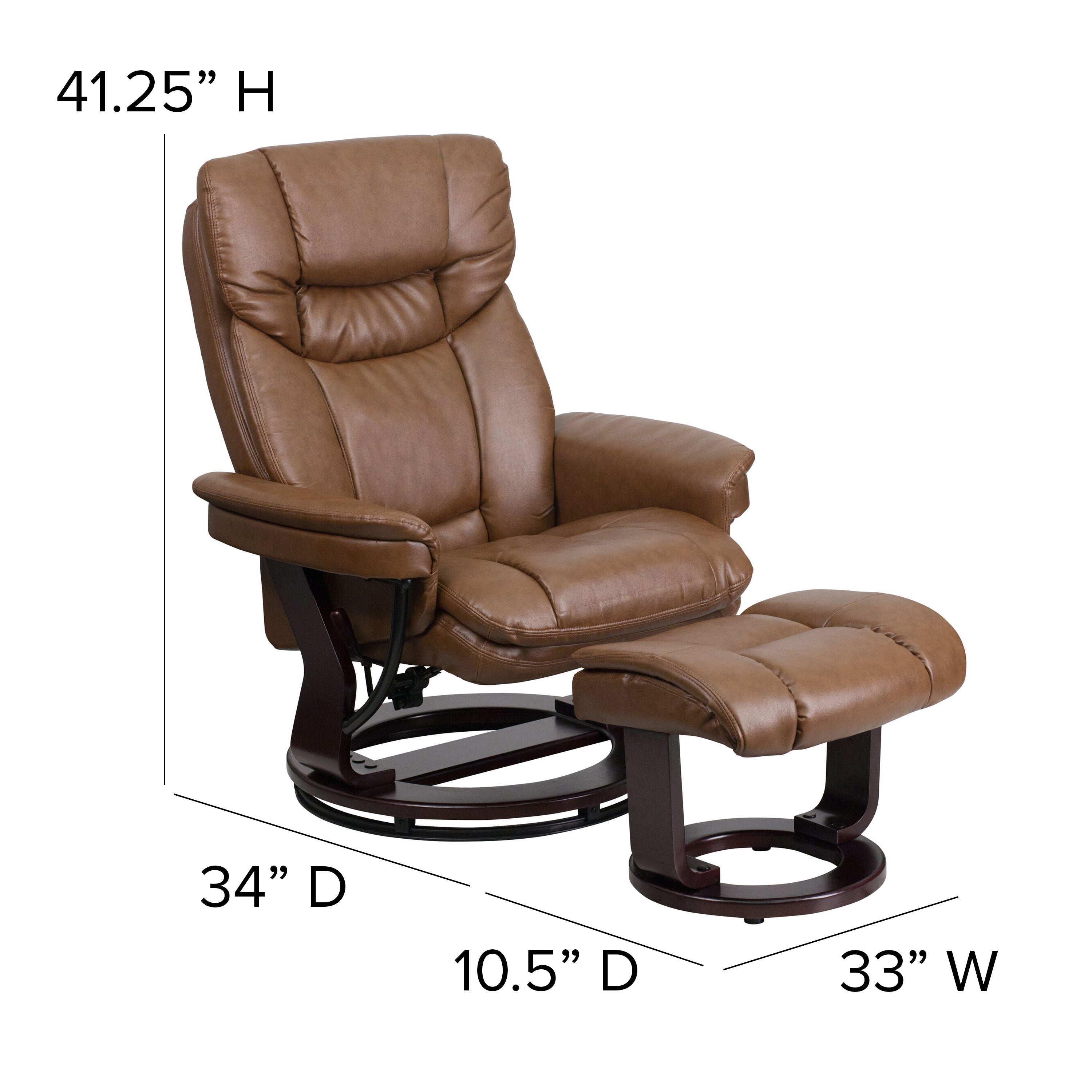 Contemporary Multi-Position Recliner and Curved Ottoman with Swivel Mahogany Wood Base