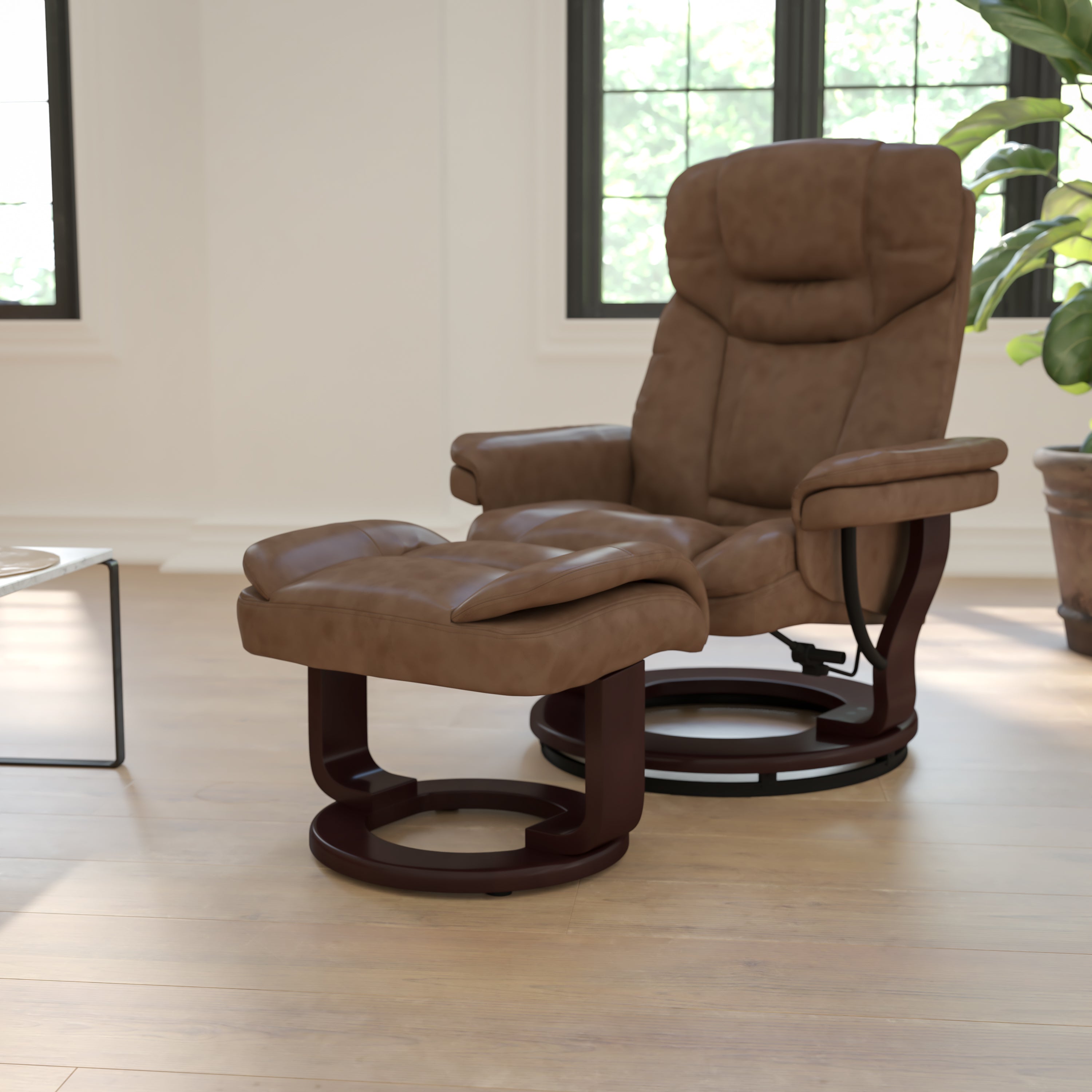 Contemporary Multi-Position Recliner and Curved Ottoman with Swivel Mahogany Wood Base