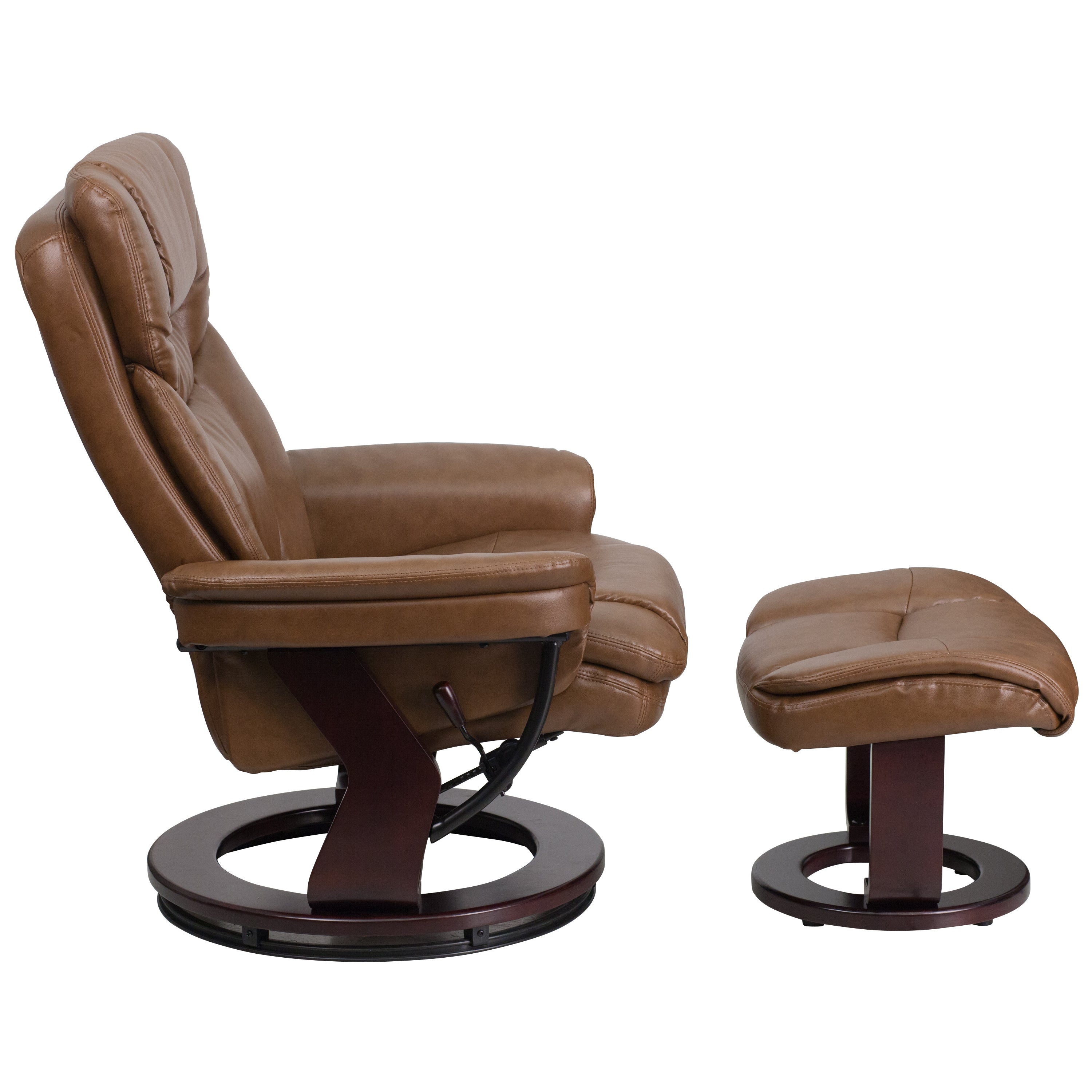 Contemporary Multi-Position Recliner and Curved Ottoman with Swivel Mahogany Wood Base