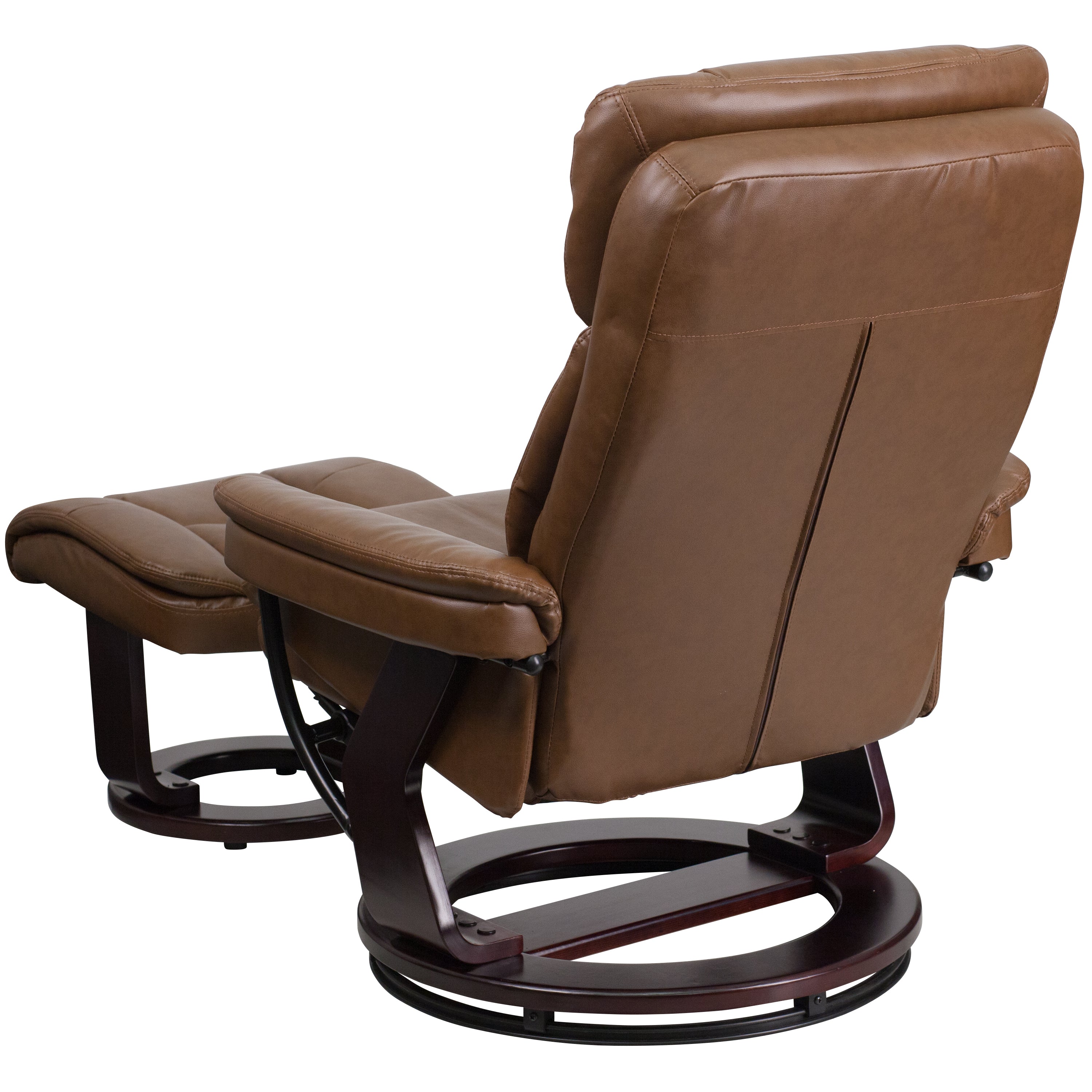 Contemporary Multi-Position Recliner and Curved Ottoman with Swivel Mahogany Wood Base