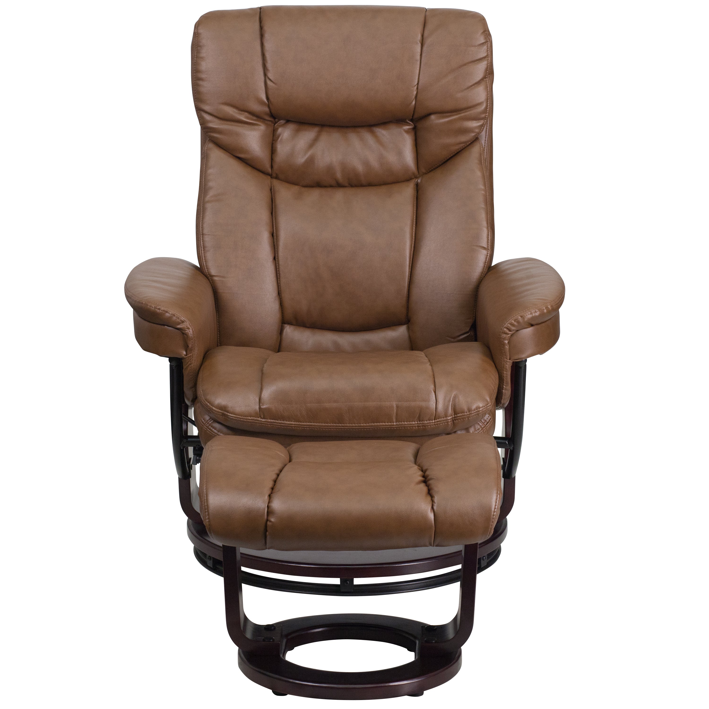 Contemporary Multi-Position Recliner and Curved Ottoman with Swivel Mahogany Wood Base
