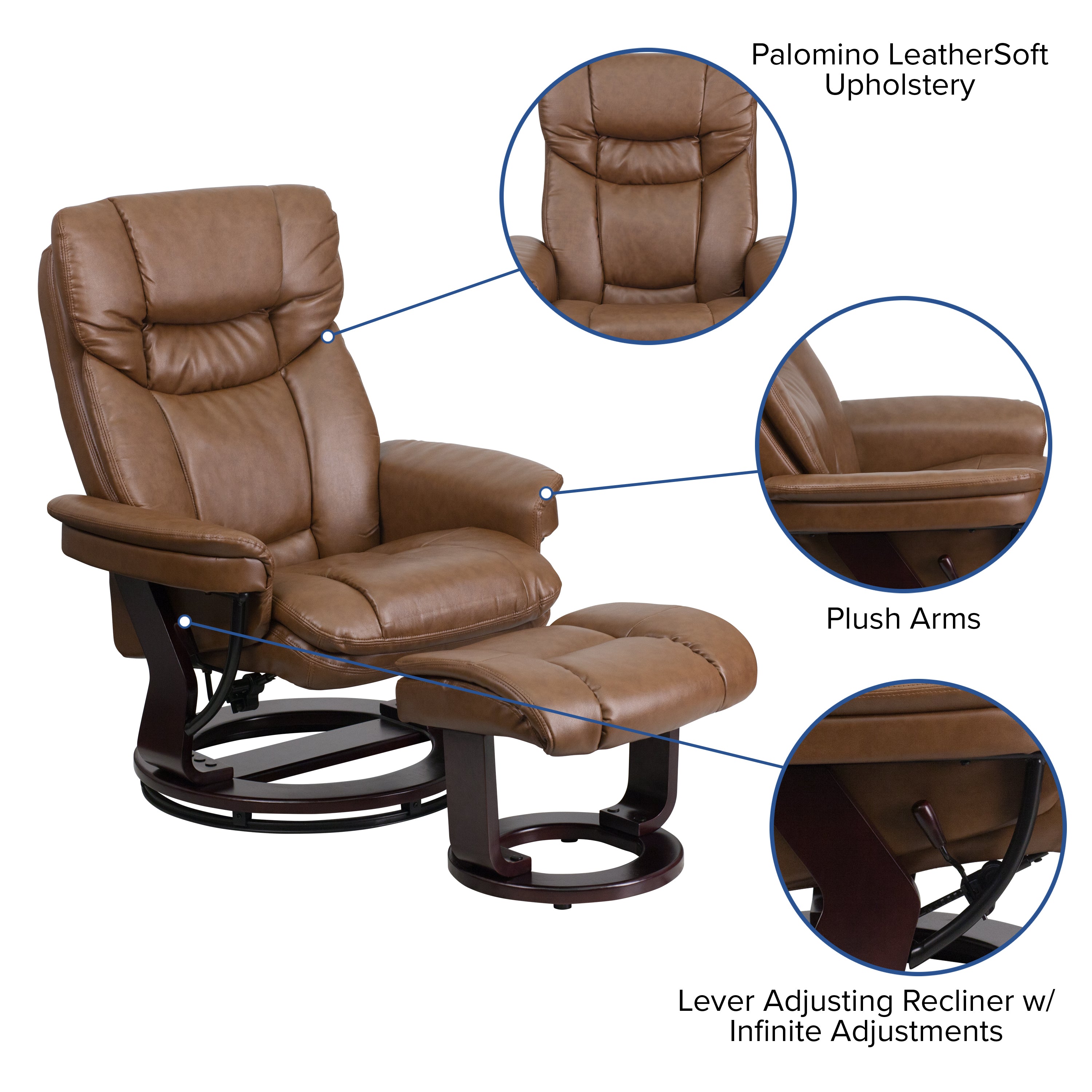 Contemporary Multi-Position Recliner and Curved Ottoman with Swivel Mahogany Wood Base