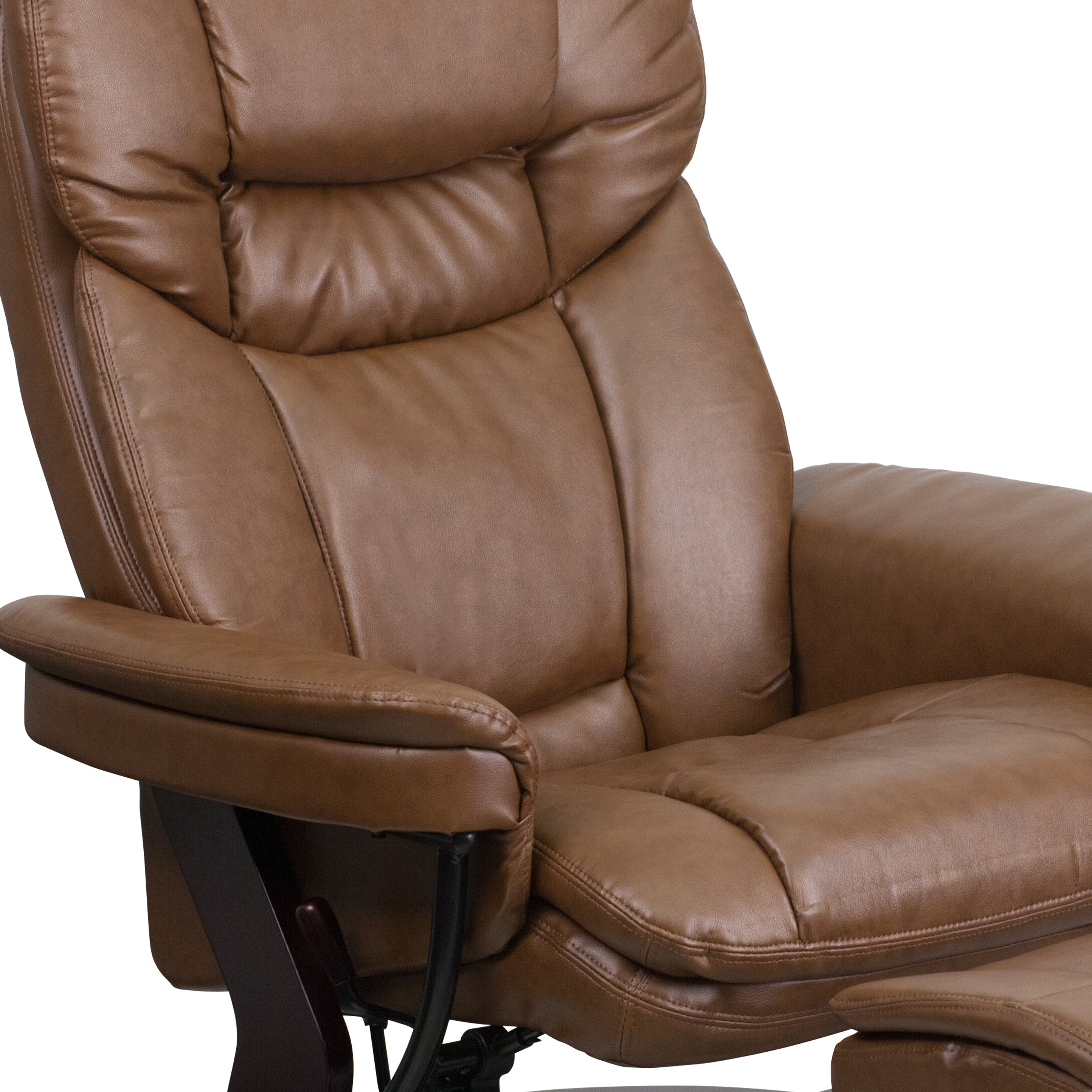 Contemporary Multi-Position Recliner and Curved Ottoman with Swivel Mahogany Wood Base