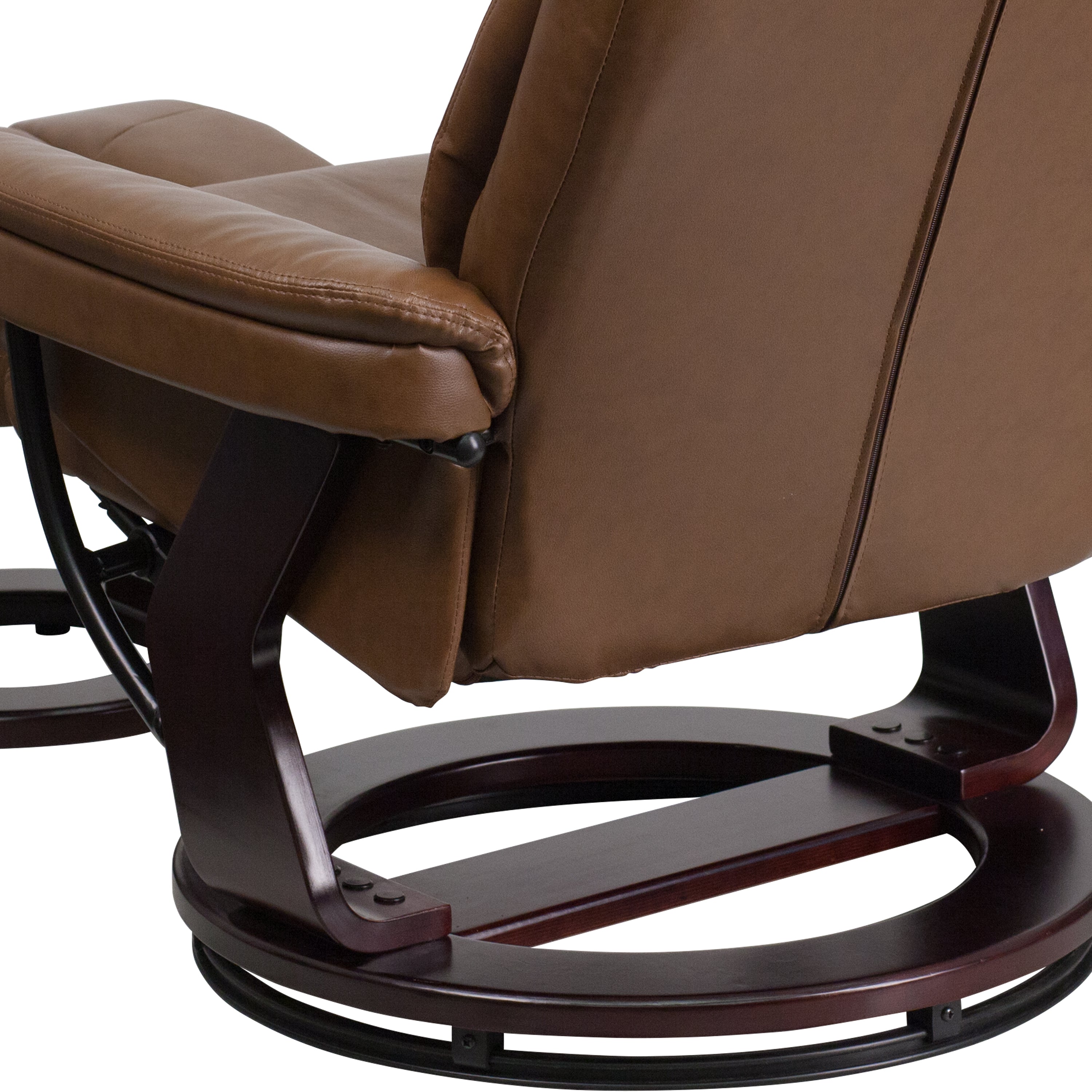 Contemporary Multi-Position Recliner and Curved Ottoman with Swivel Mahogany Wood Base