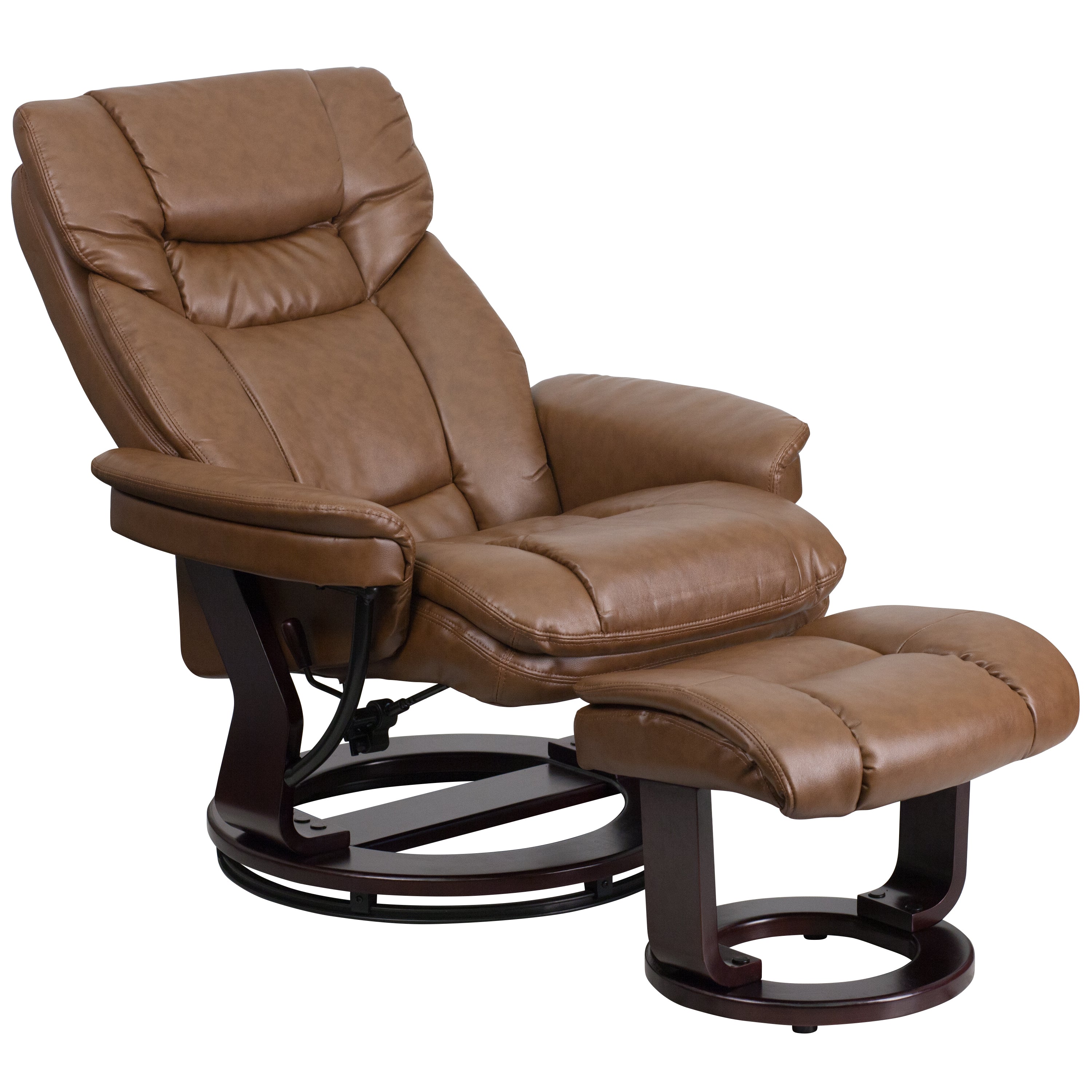 Contemporary Multi-Position Recliner and Curved Ottoman with Swivel Mahogany Wood Base