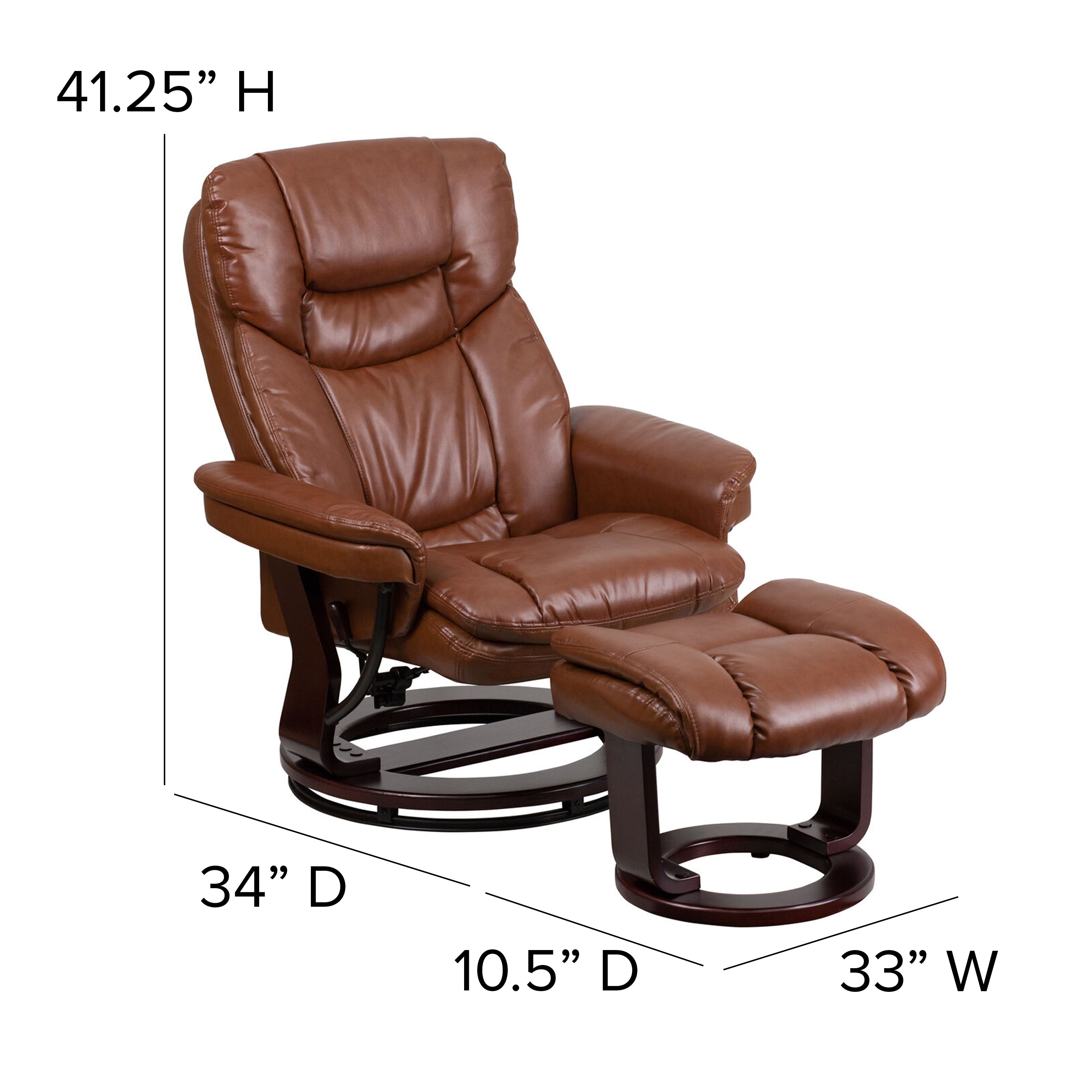 Contemporary Multi-Position Recliner and Curved Ottoman with Swivel Mahogany Wood Base