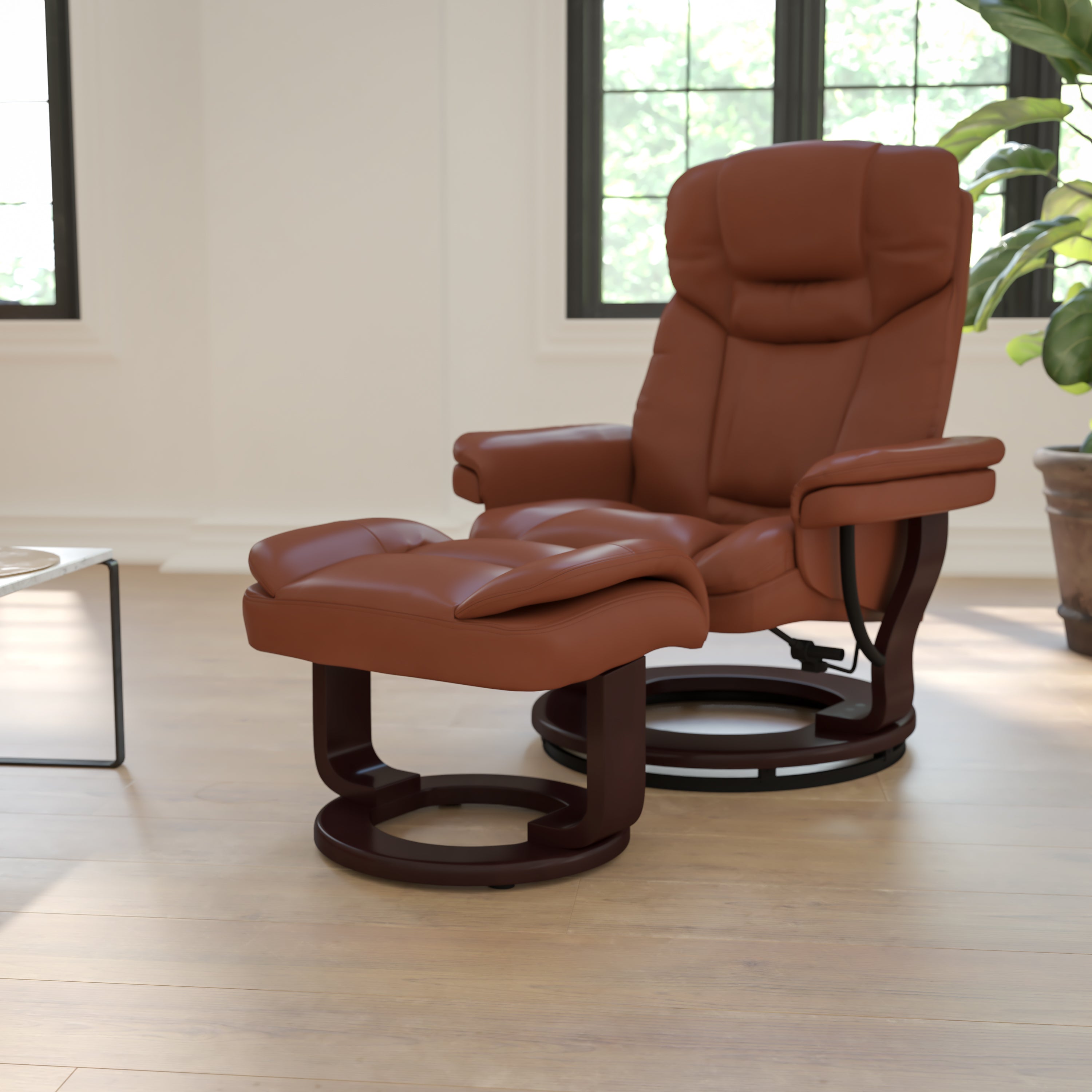 Contemporary Multi-Position Recliner and Curved Ottoman with Swivel Mahogany Wood Base