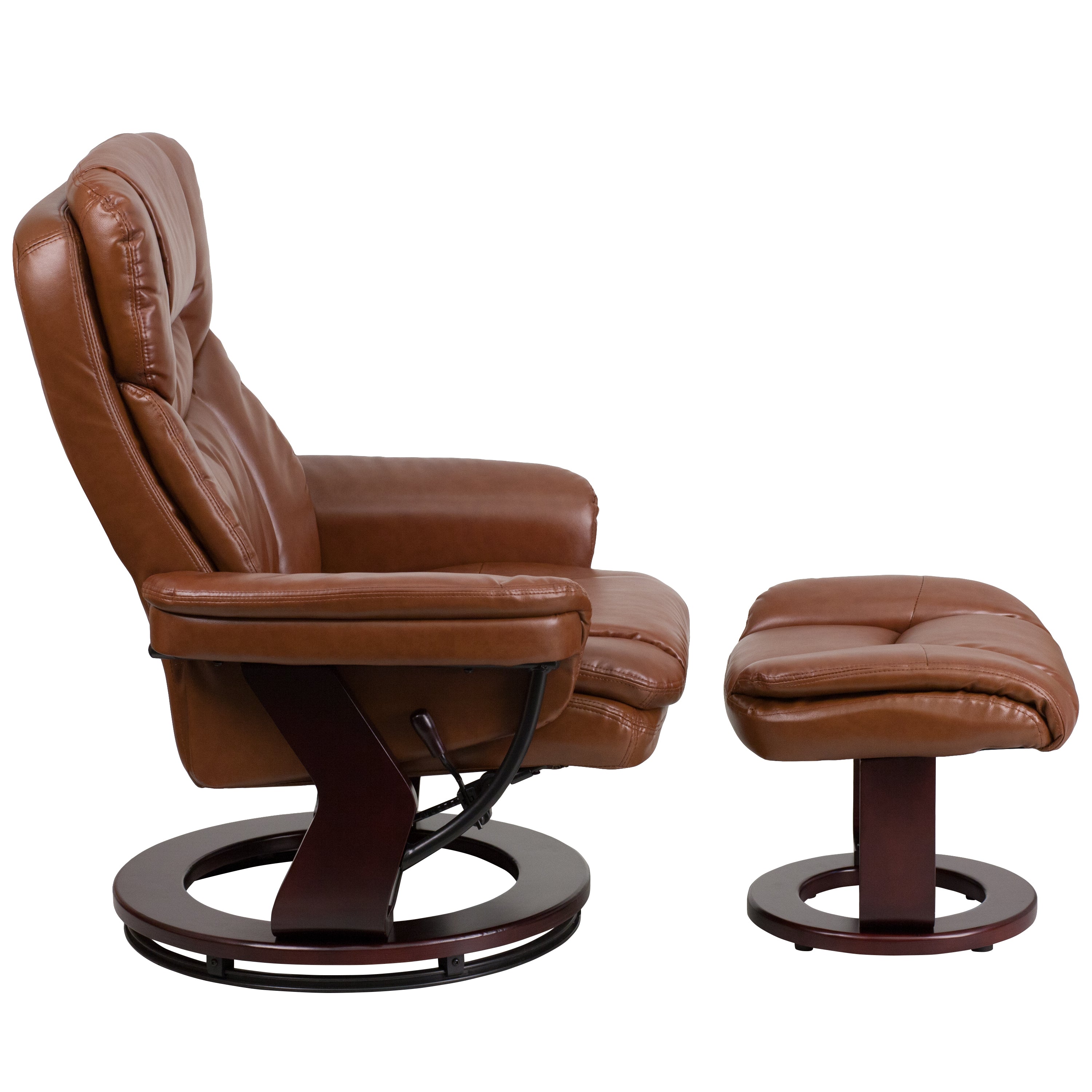 Contemporary Multi-Position Recliner and Curved Ottoman with Swivel Mahogany Wood Base