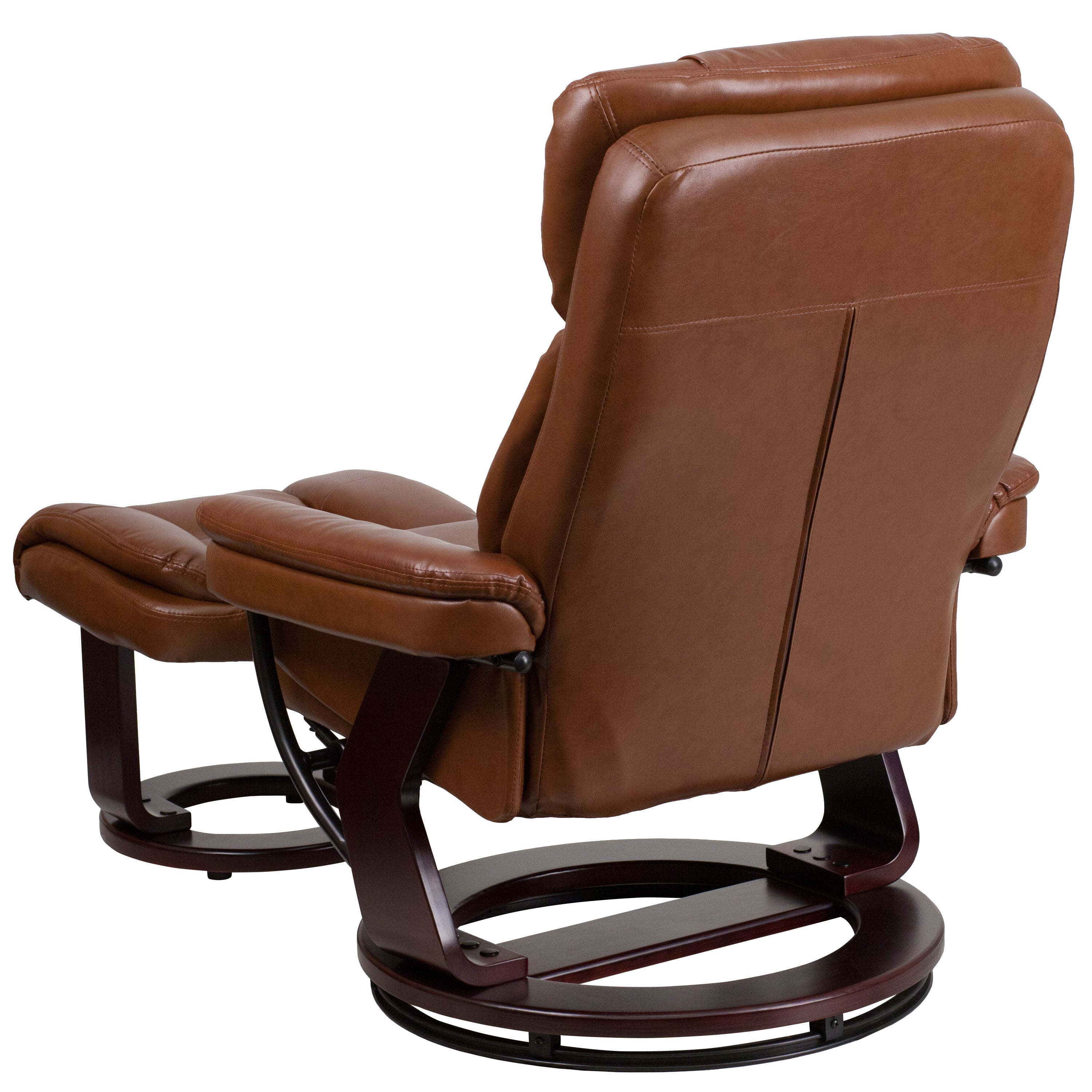 Contemporary Multi-Position Recliner and Curved Ottoman with Swivel Mahogany Wood Base