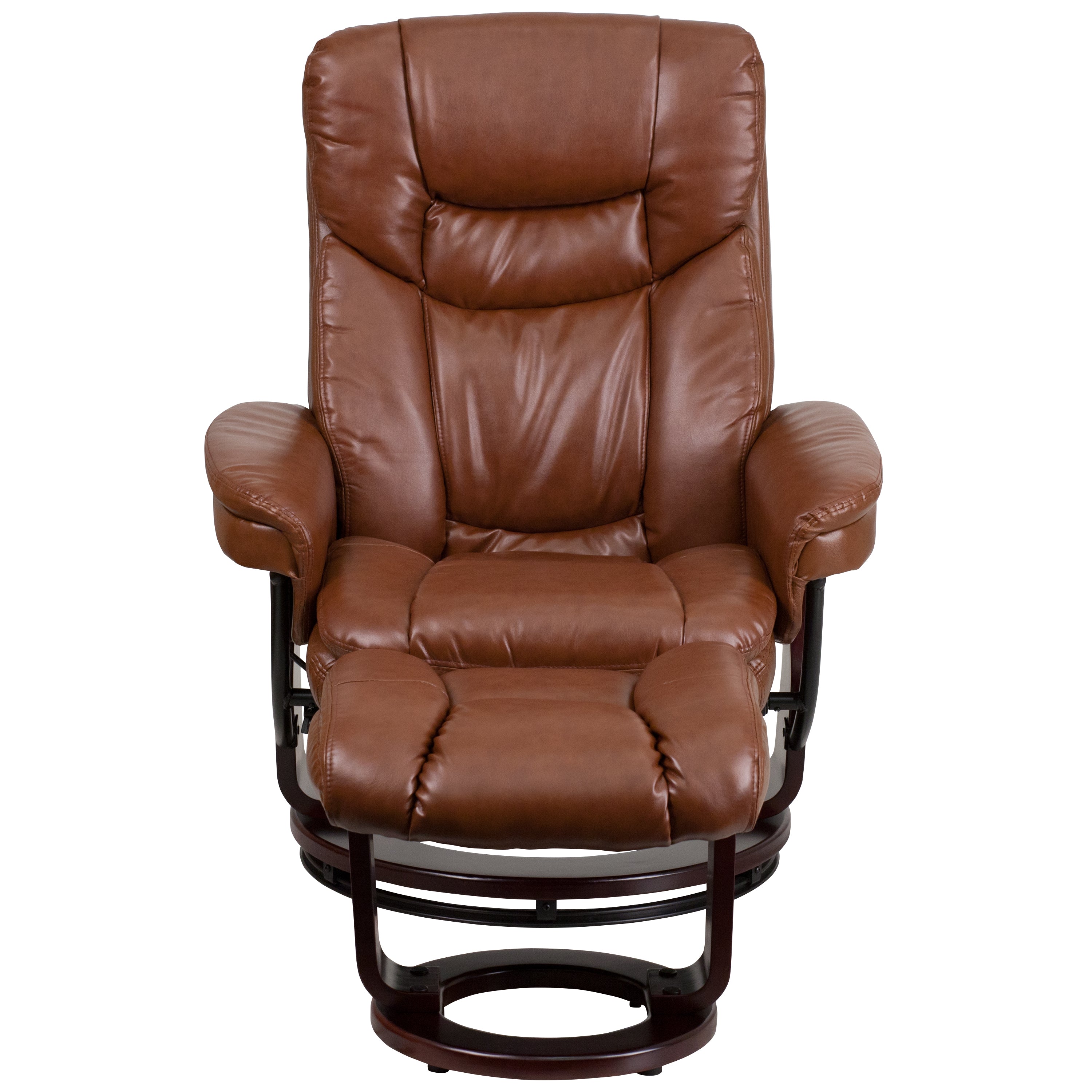 Contemporary Multi-Position Recliner and Curved Ottoman with Swivel Mahogany Wood Base