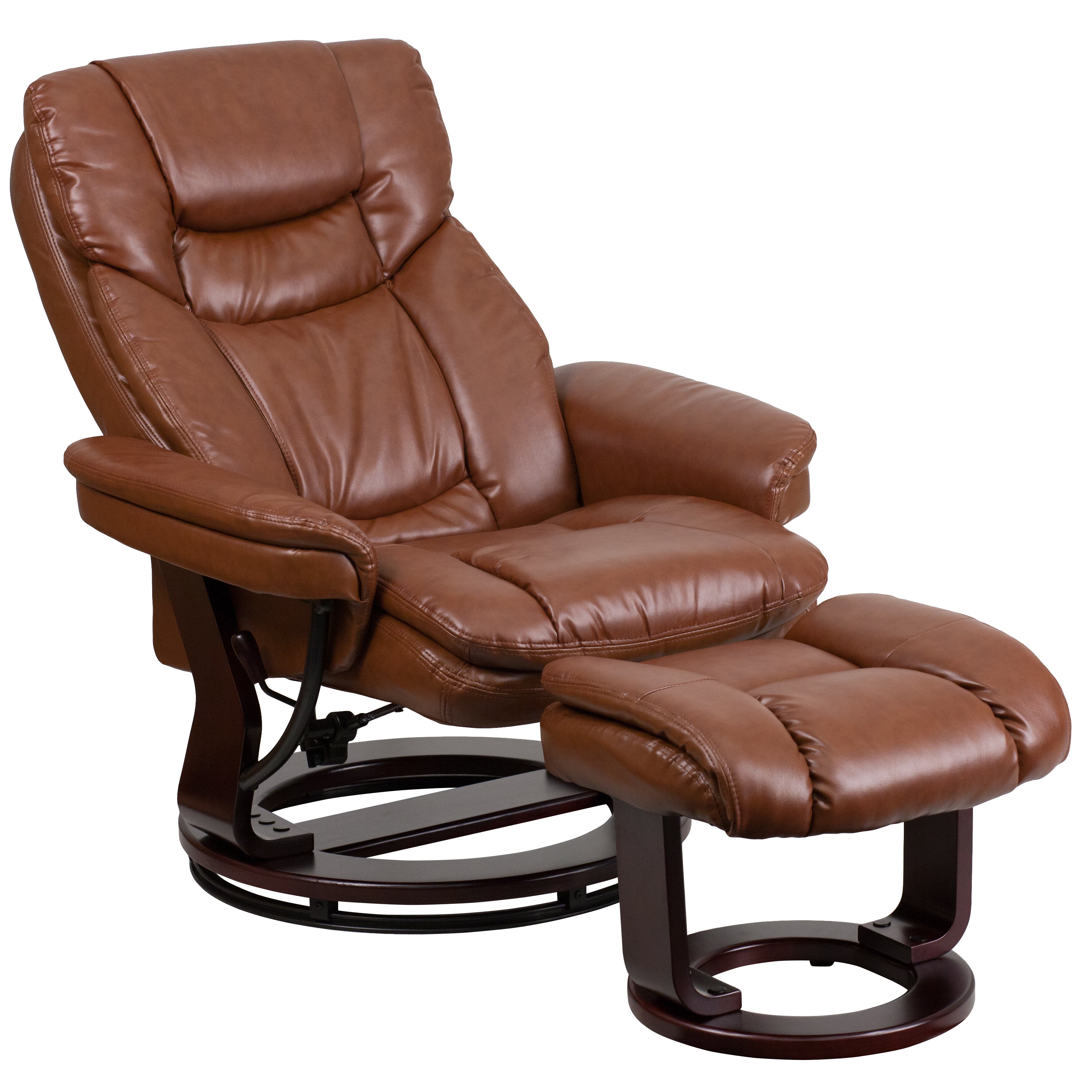 Contemporary Multi-Position Recliner and Curved Ottoman with Swivel Mahogany Wood Base