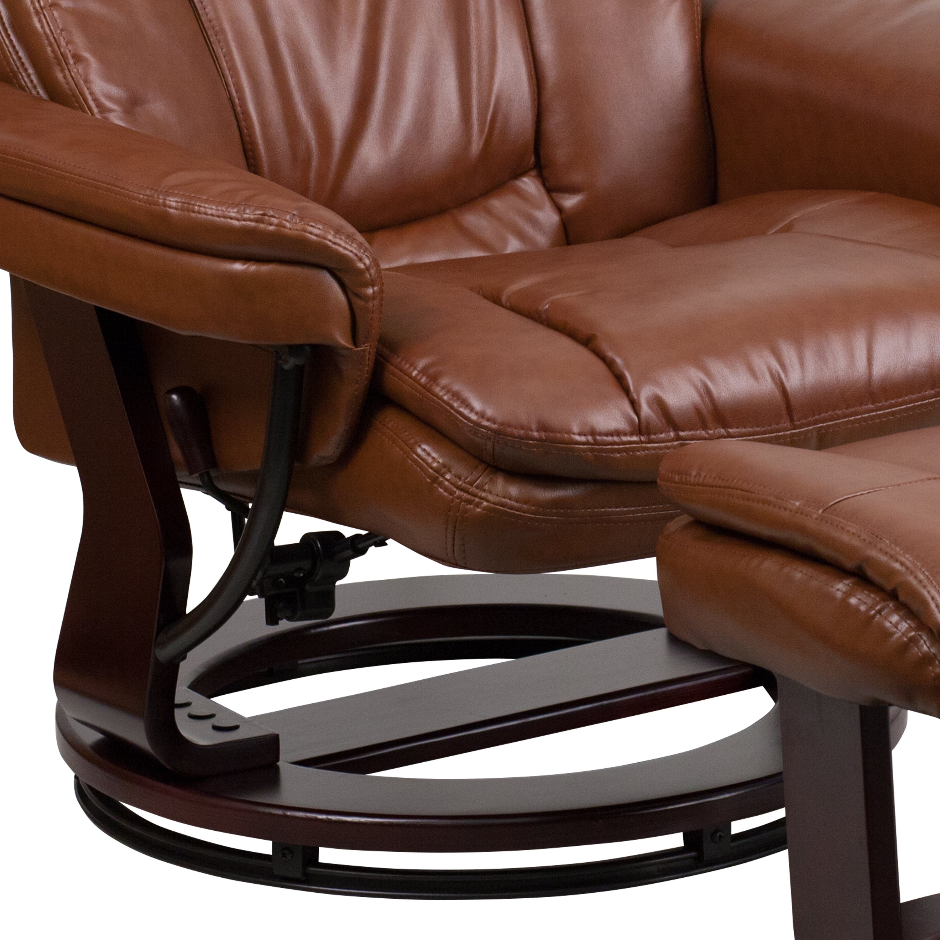 Contemporary Multi-Position Recliner and Curved Ottoman with Swivel Mahogany Wood Base