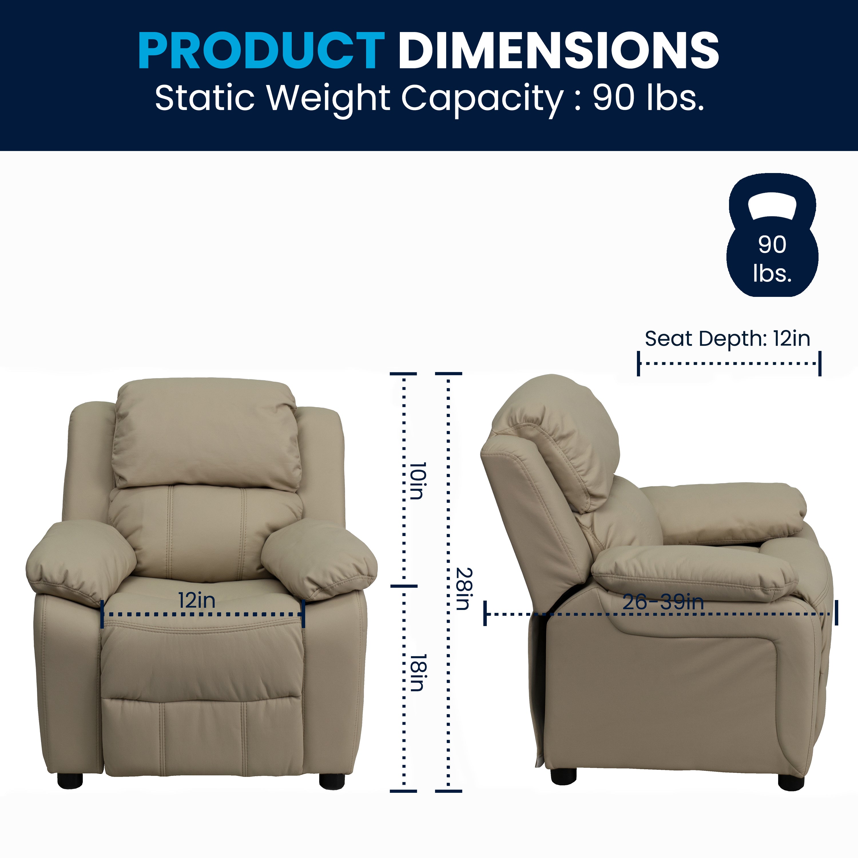 Deluxe Padded Contemporary Kids Recliner with Storage Arms