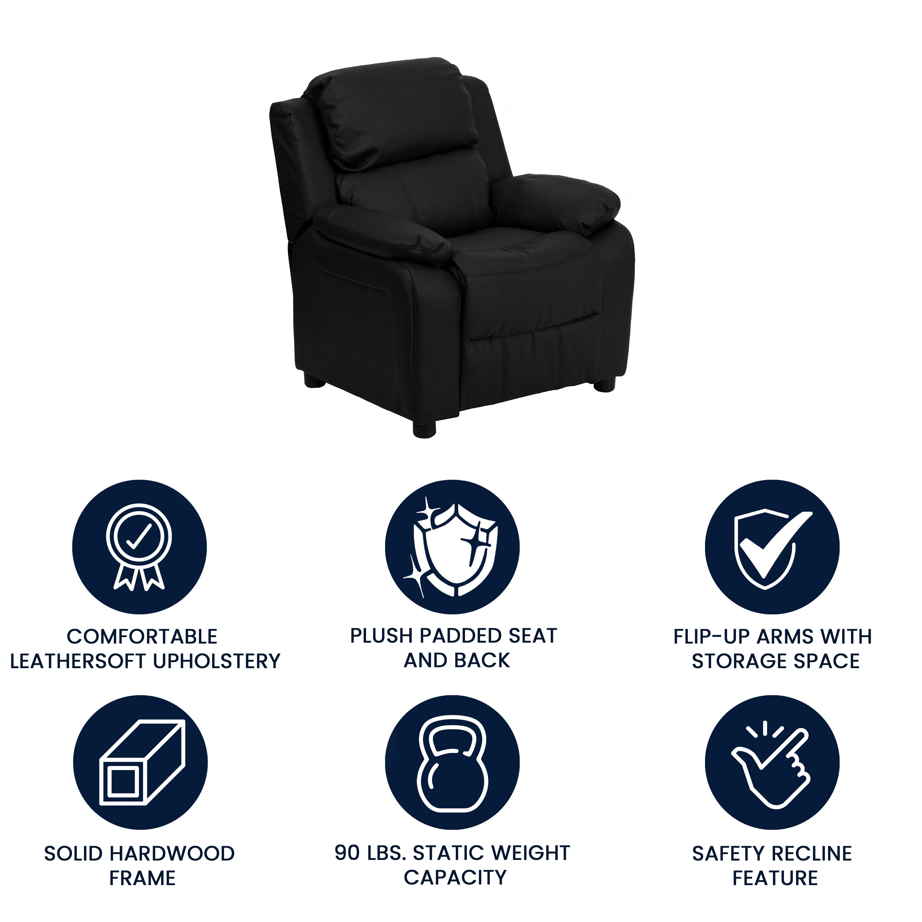 Deluxe Padded Contemporary Kids Recliner with Storage Arms