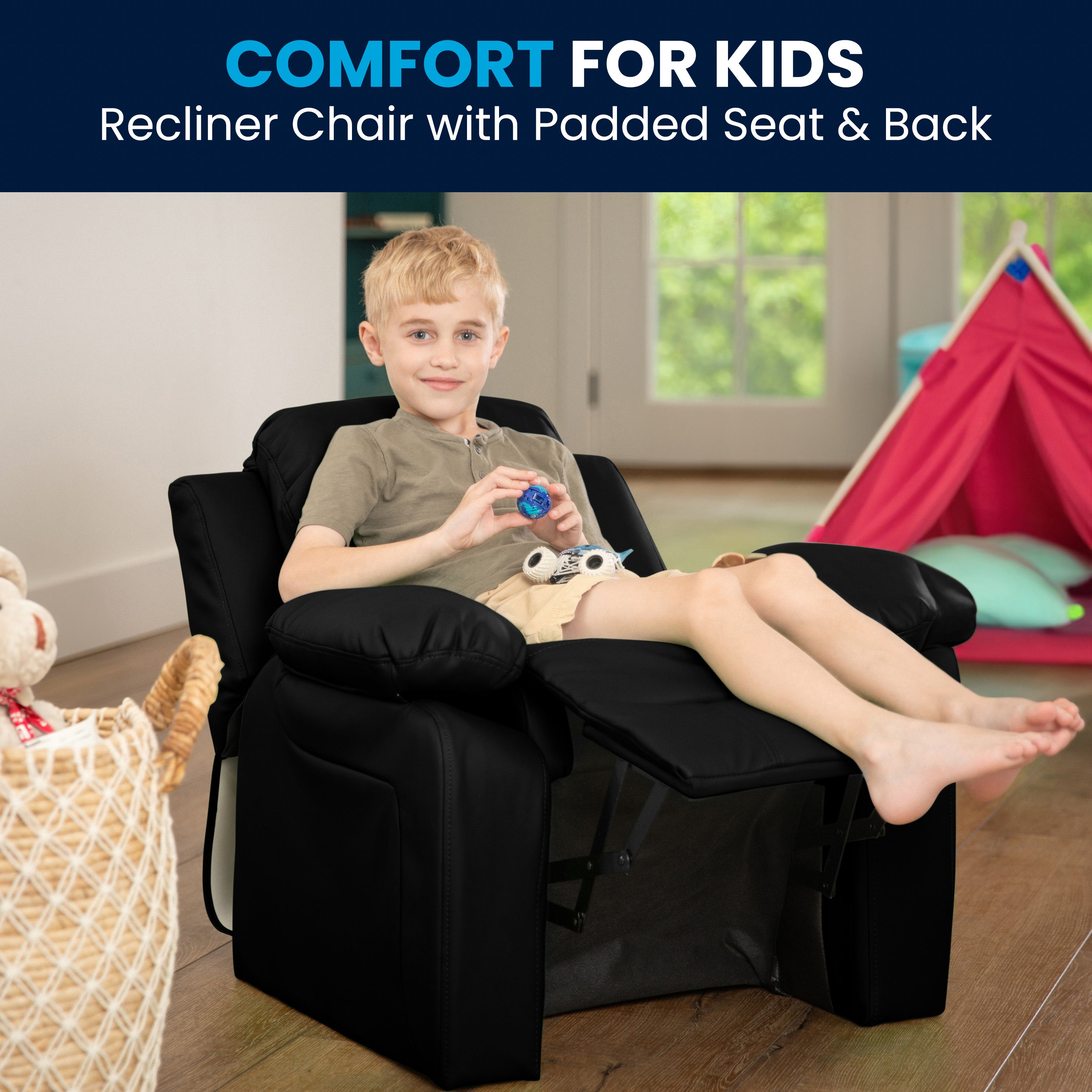 Deluxe Padded Contemporary Kids Recliner with Storage Arms
