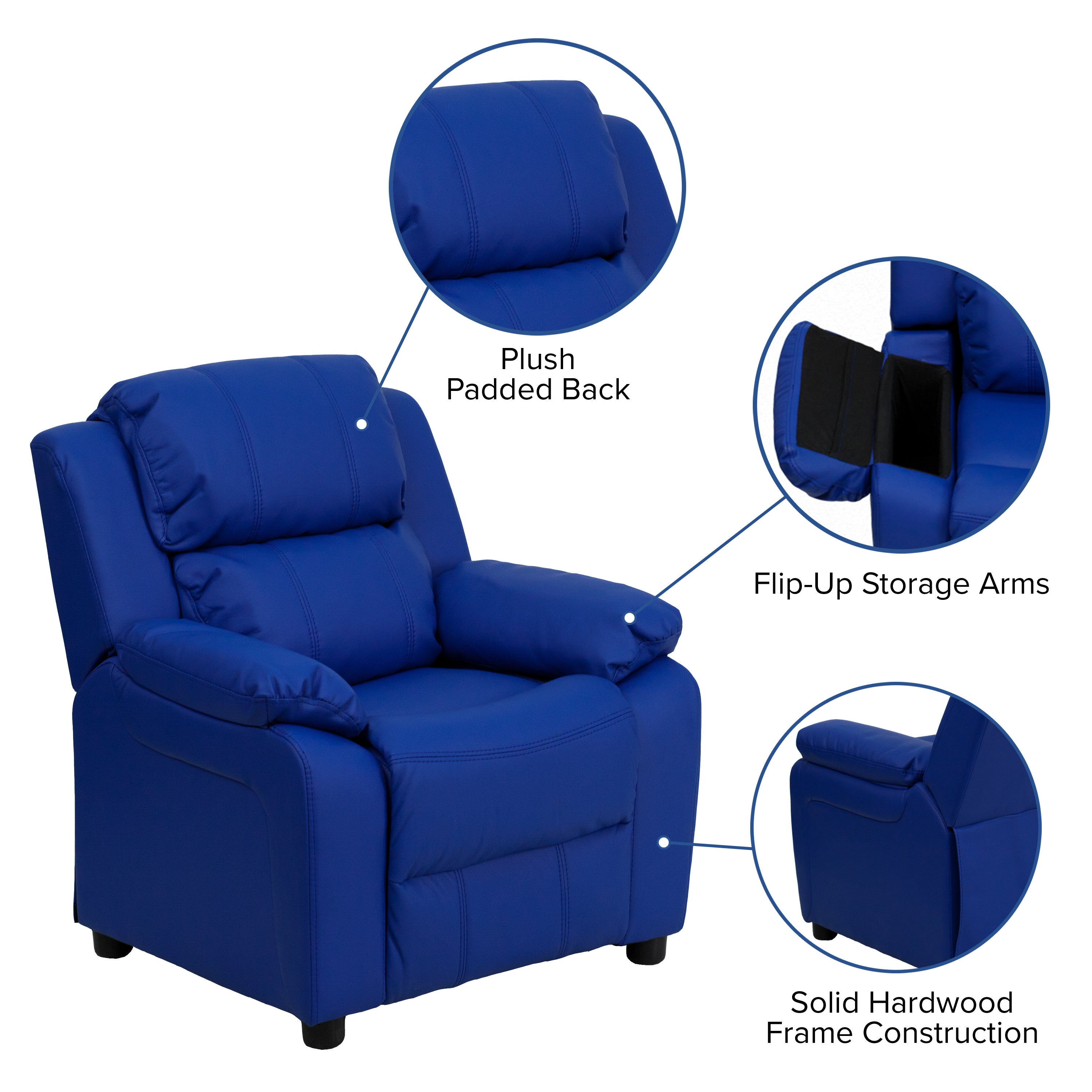 Deluxe Padded Contemporary Kids Recliner with Storage Arms